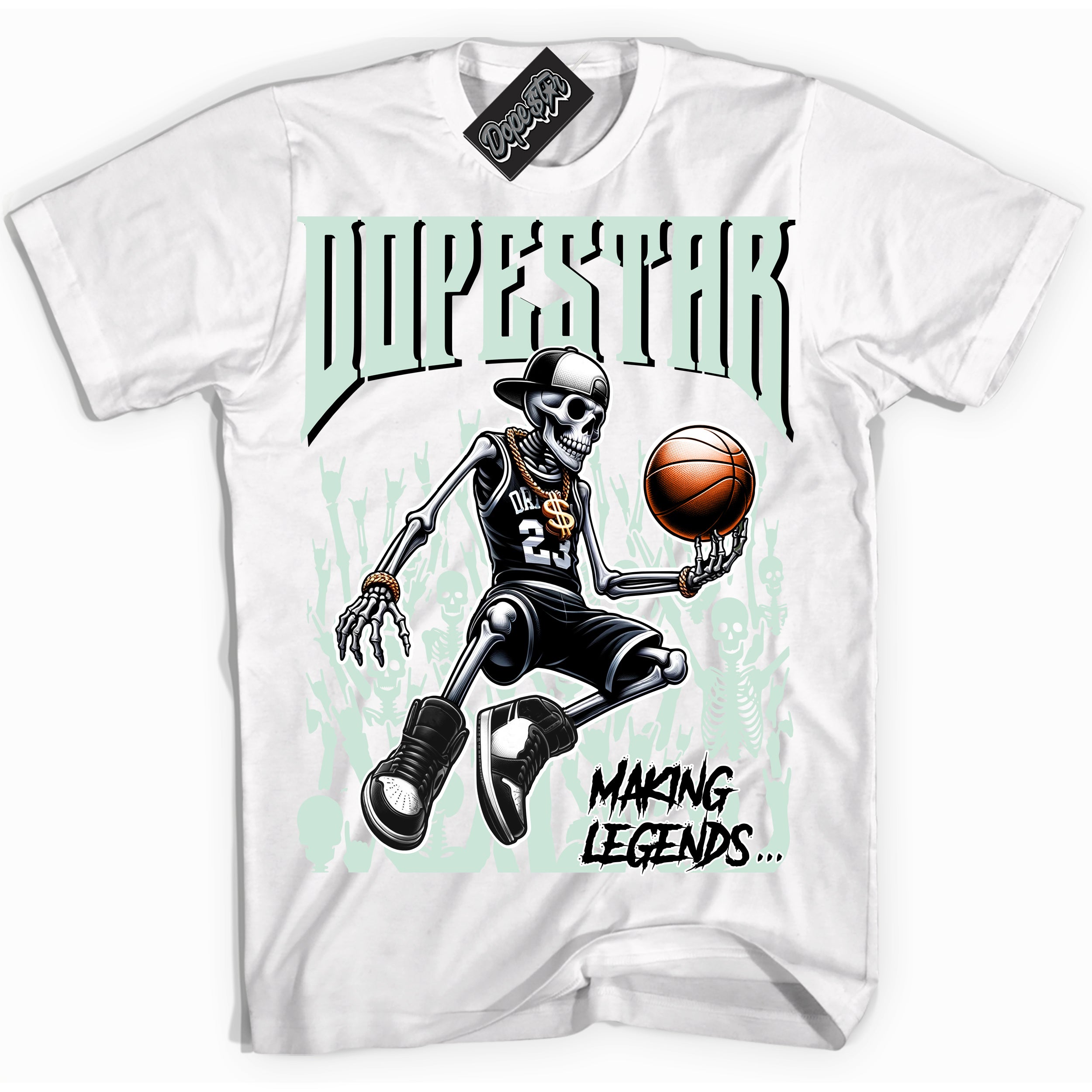 Cool White Shirt with “ Making Legends ” design that perfectly matches Smoke Grey Barely Green Sneakers.