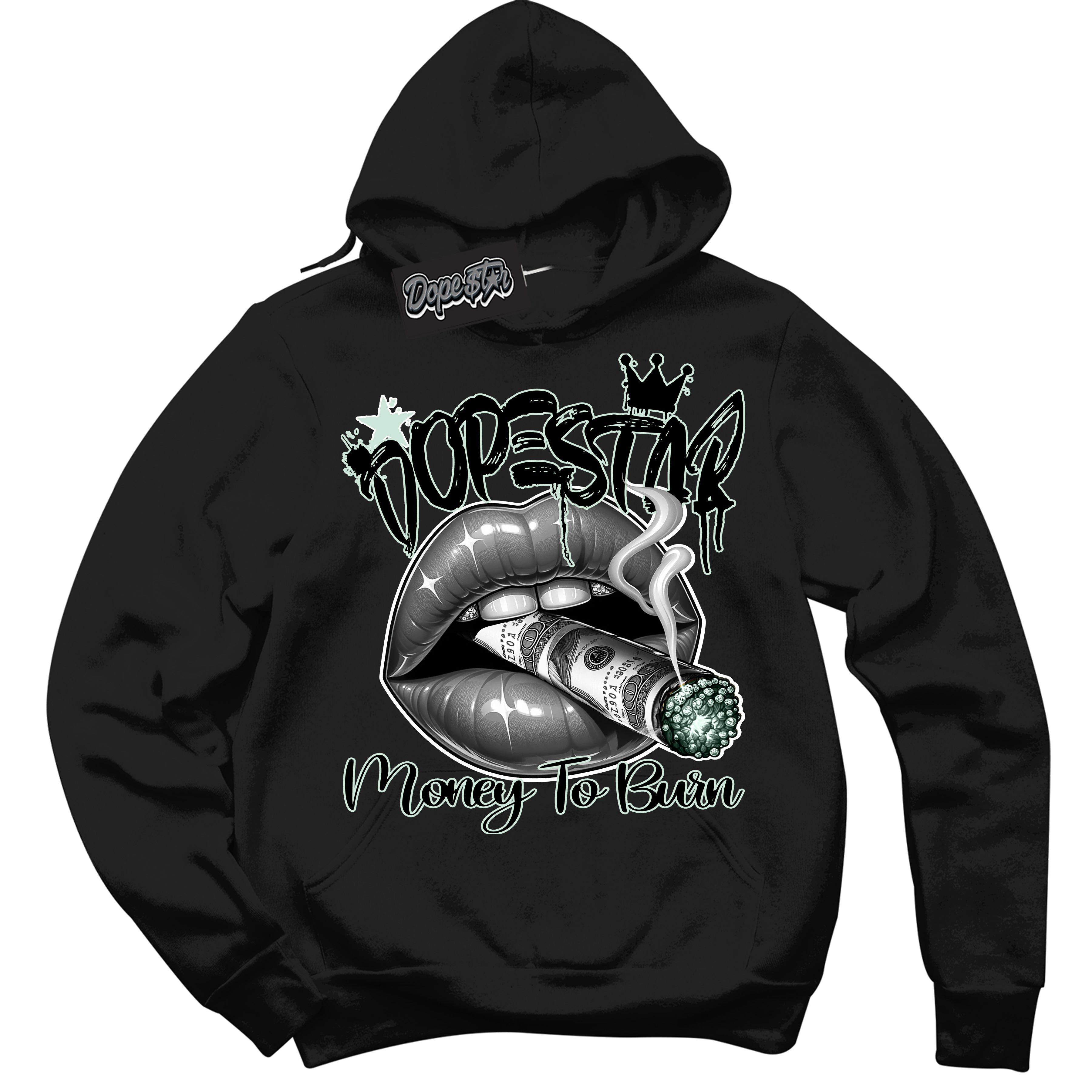 Cool Black Hoodie with “ Money To Burn ”  design that Perfectly Matches Dark Smoke Grey Barely Green Sneakers.