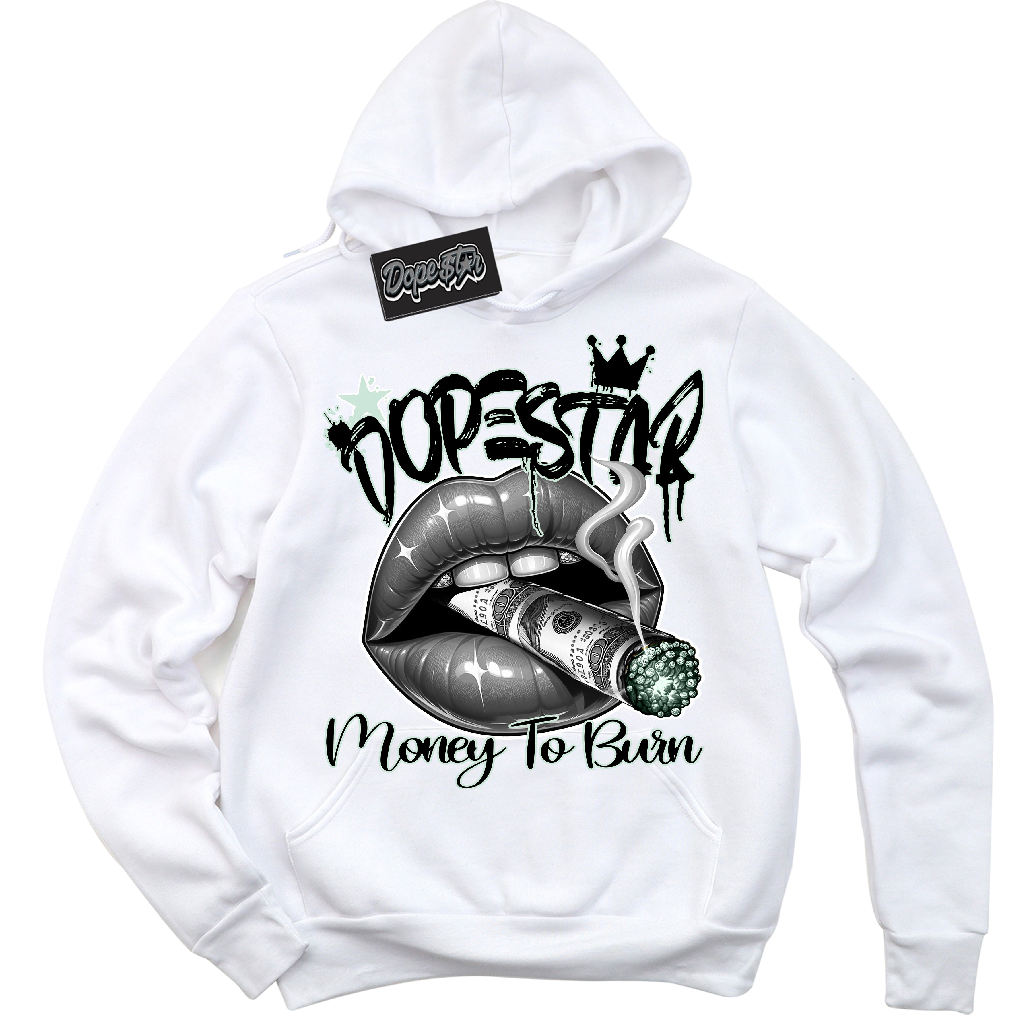 Cool White Hoodie with “ Money To Burn ”  design that Perfectly Matches Dark Smoke Grey Barely Green Sneakers.