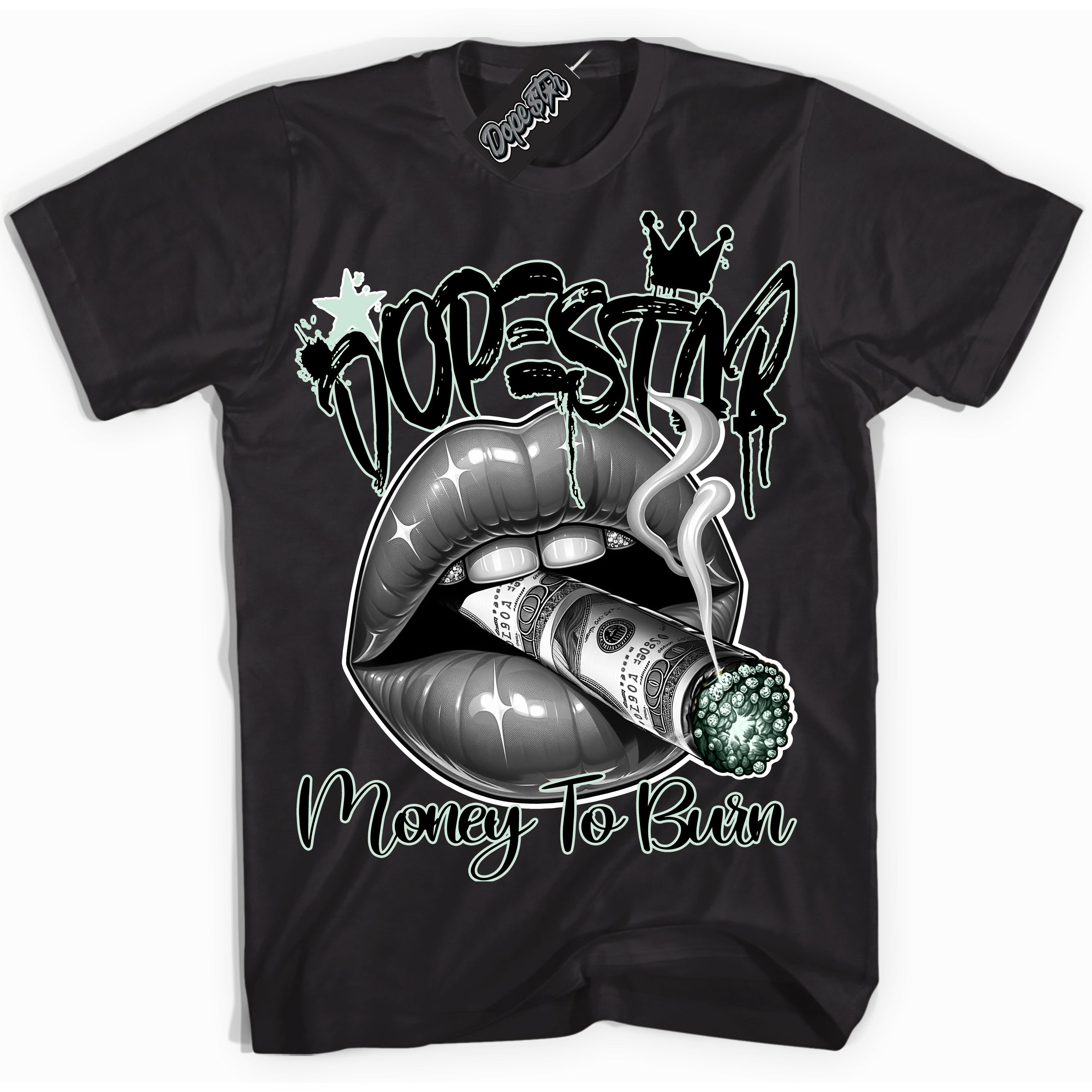 Cool Black Shirt with “ Money To Burn” design that perfectly matches Dark Smoke Grey Barely Green Sneakers.