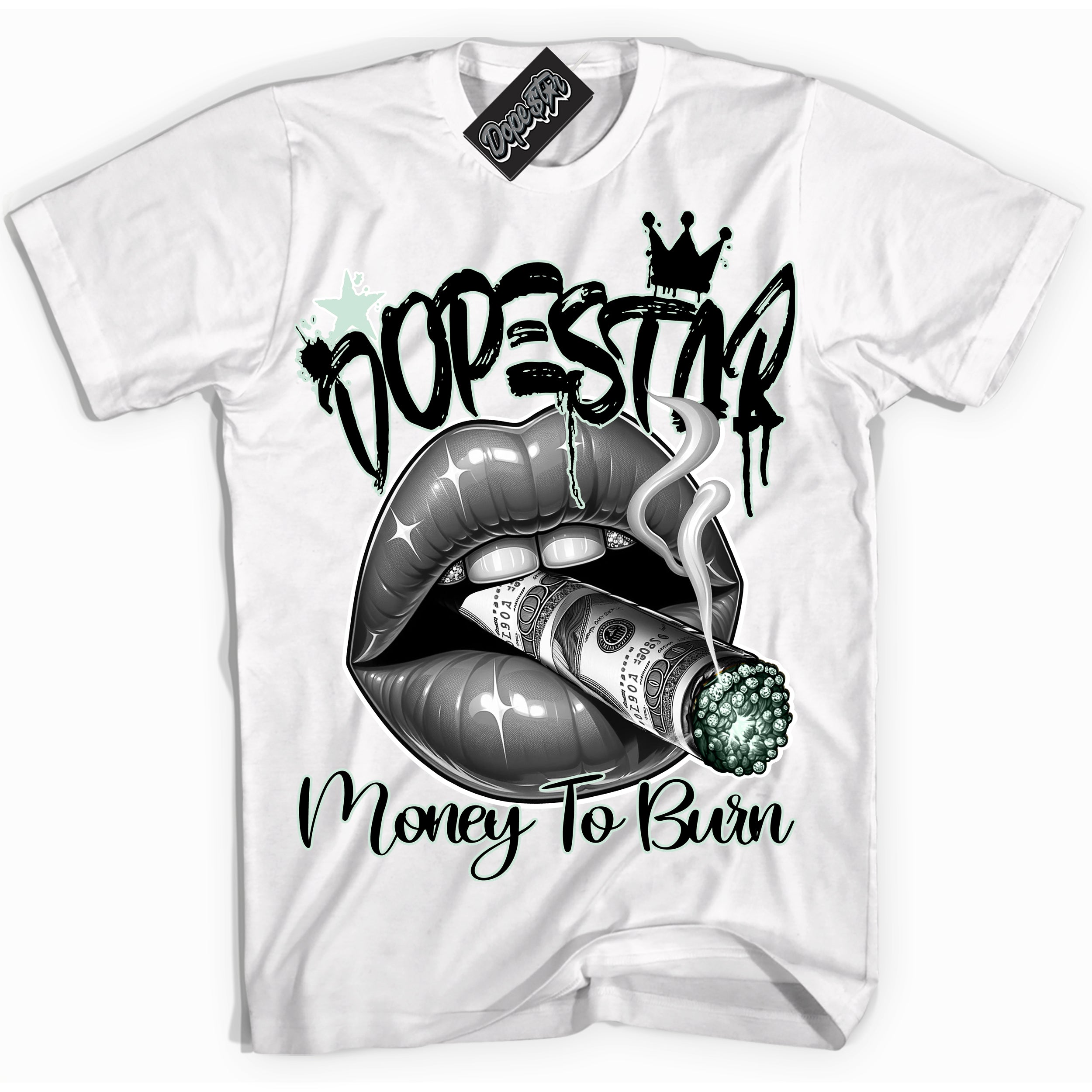 Cool White Shirt with “ Money To Burn” design that perfectly matches Dark Smoke Grey Barely Green Sneakers.