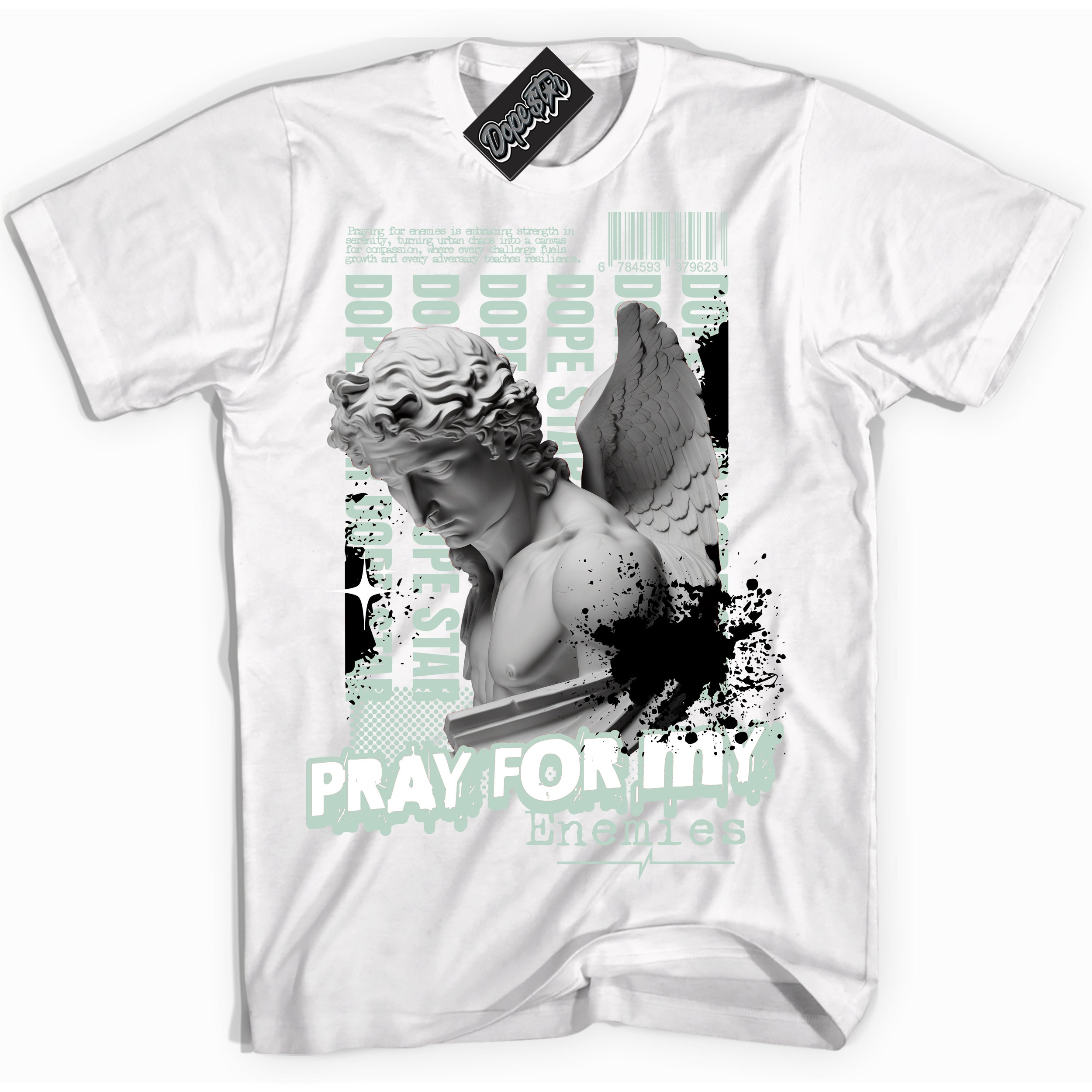 Cool White Shirt with “ Pray Enemies” design that perfectly matches Dark Smoke Grey Barely Green Sneakers.