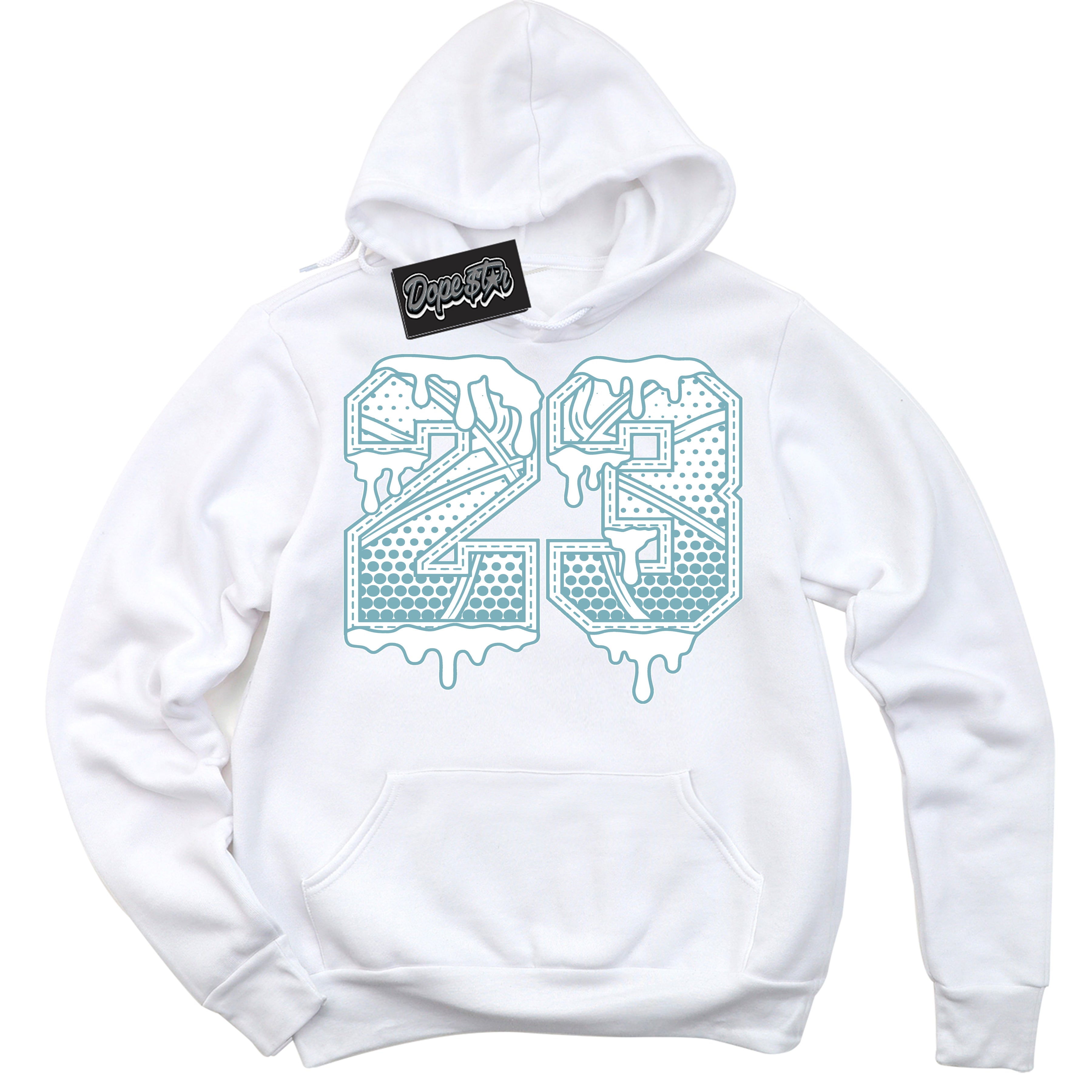 Cool White Hoodie with “23 Ball” design that Perfectly Matches Denim Turquoise Dunk.