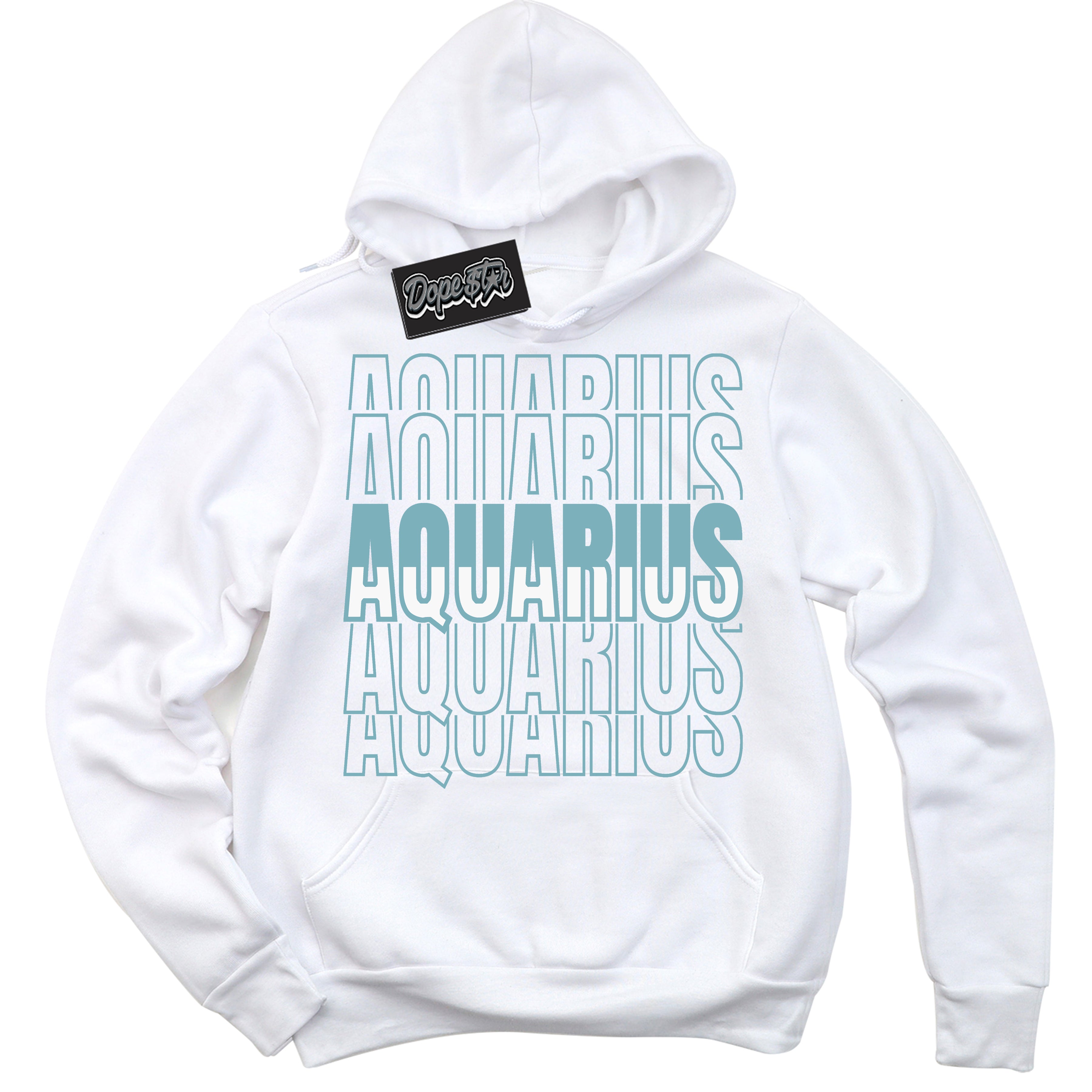 Cool White Hoodie with “Aquarius” design that Perfectly Matches Denim Turquoise Dunk.