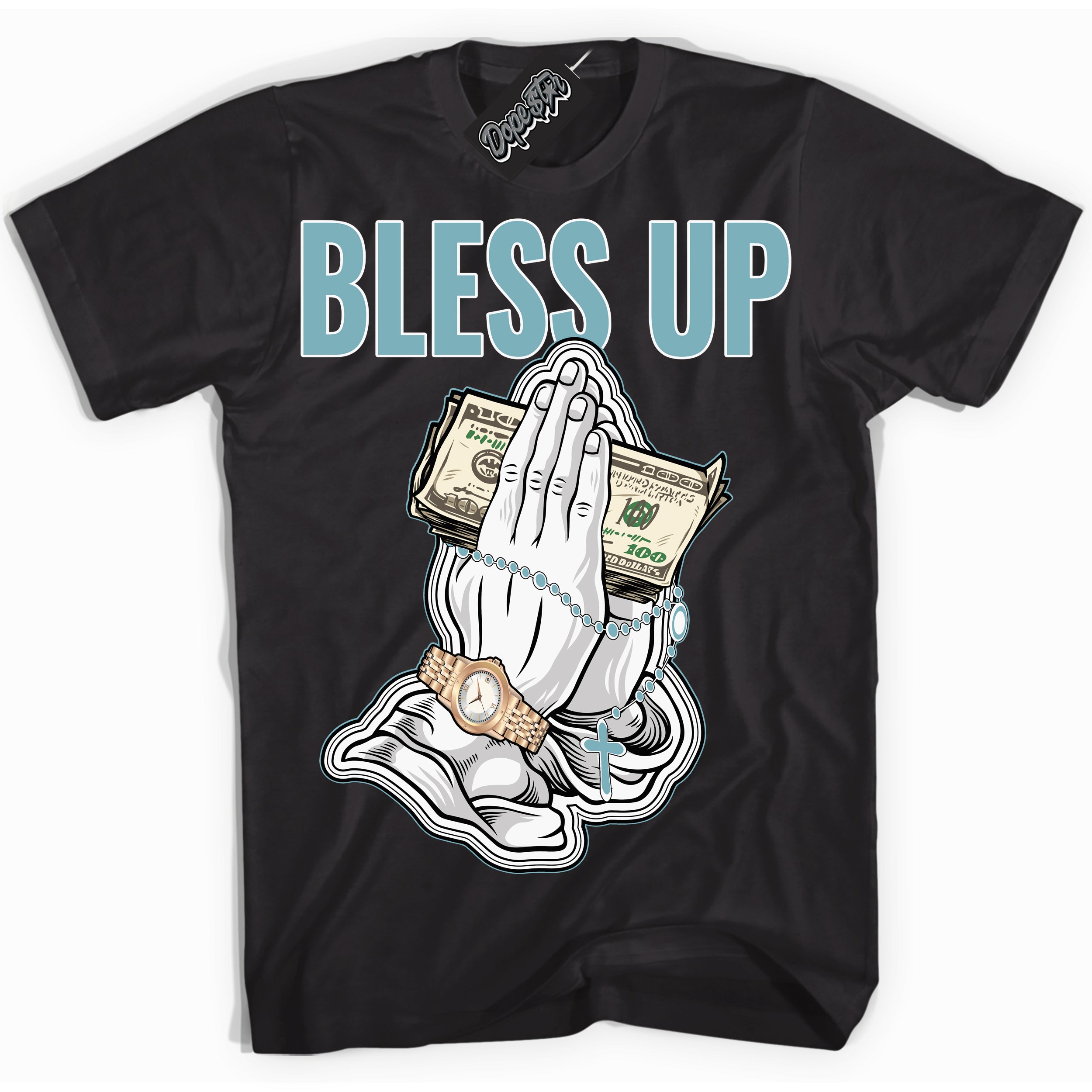 Cool Black Shirt with “Bless Up” design that perfectly matches Denim Turquoise Dunk.