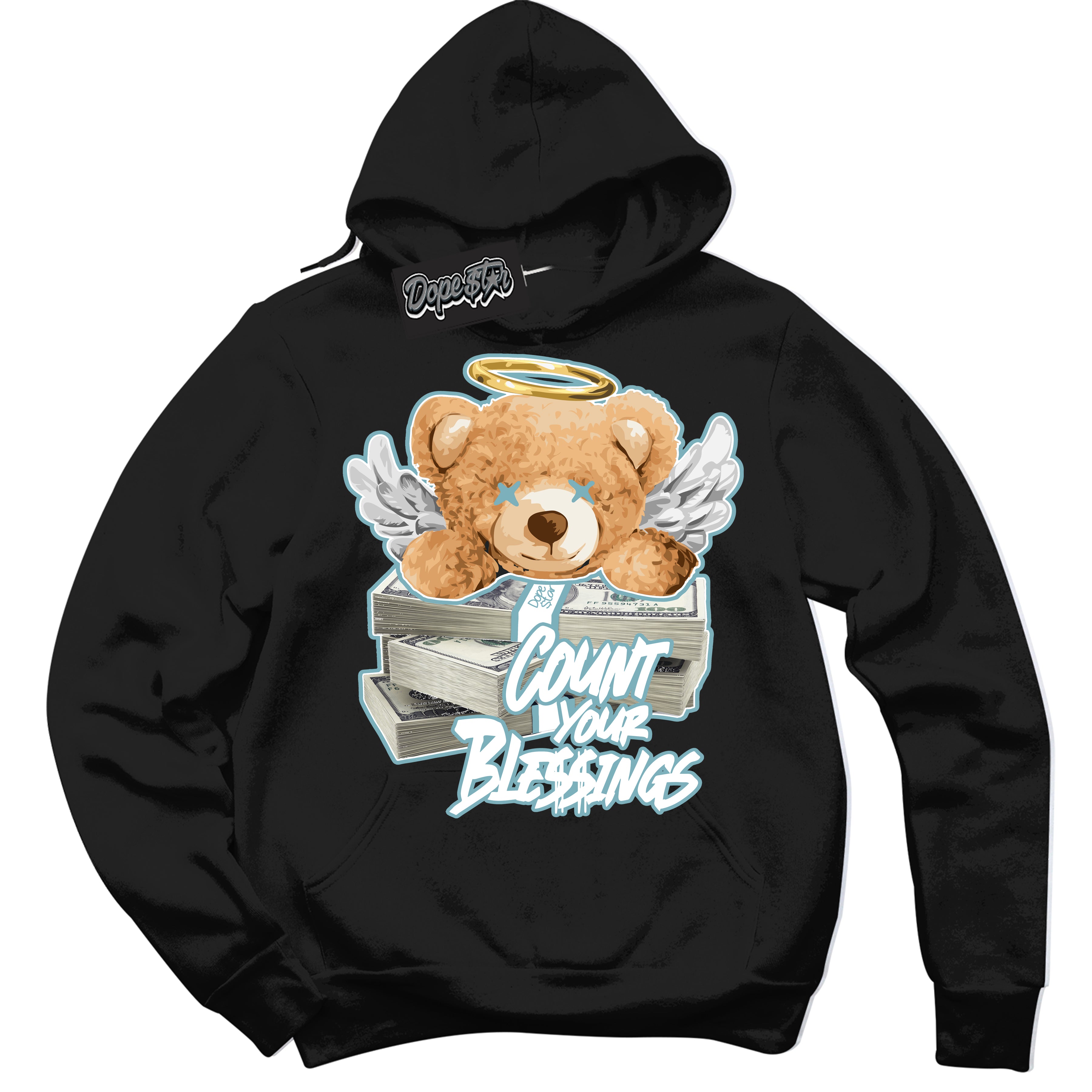 Cool Black Hoodie with “Count Your Blessings” design that Perfectly Matches Denim Turquoise Dunk.