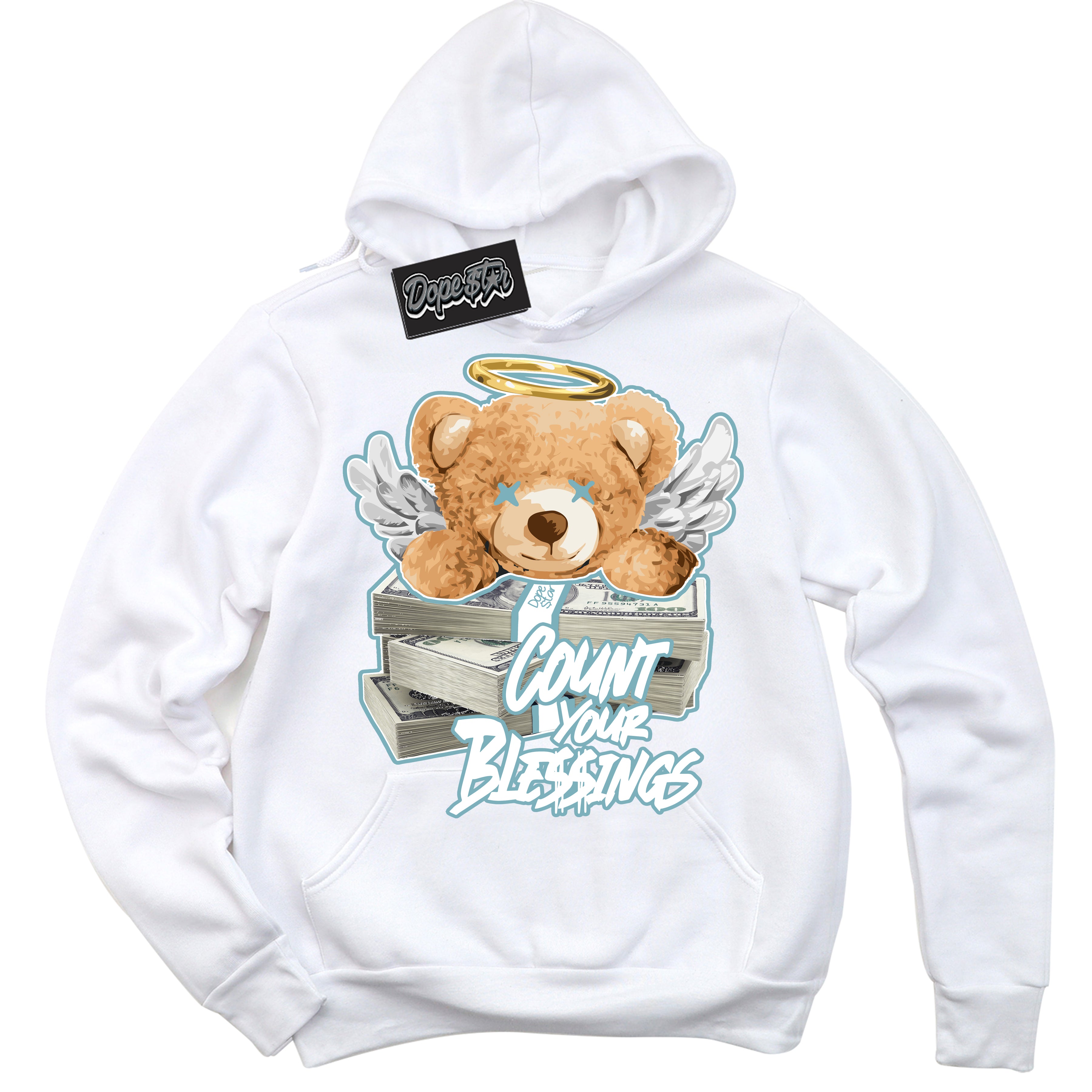 Cool White Hoodie with “Count Your Blessings” design that Perfectly Matches Denim Turquoise Dunk.