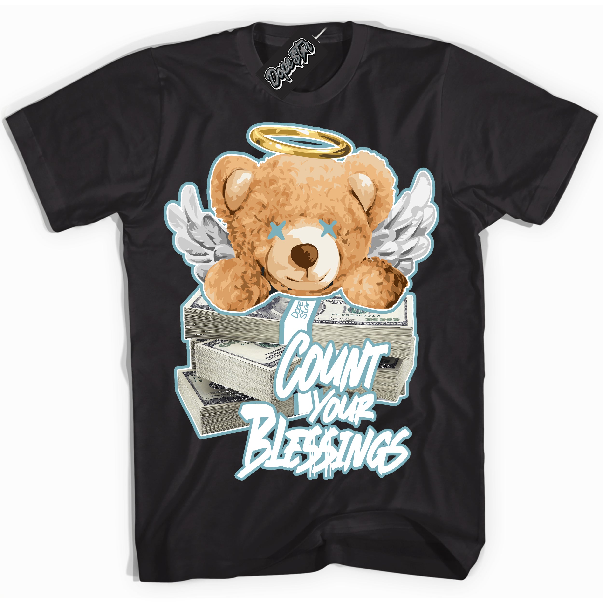 Cool Black Shirt with “Count Your Blessings” design that perfectly matches Denim Turquoise Dunk.