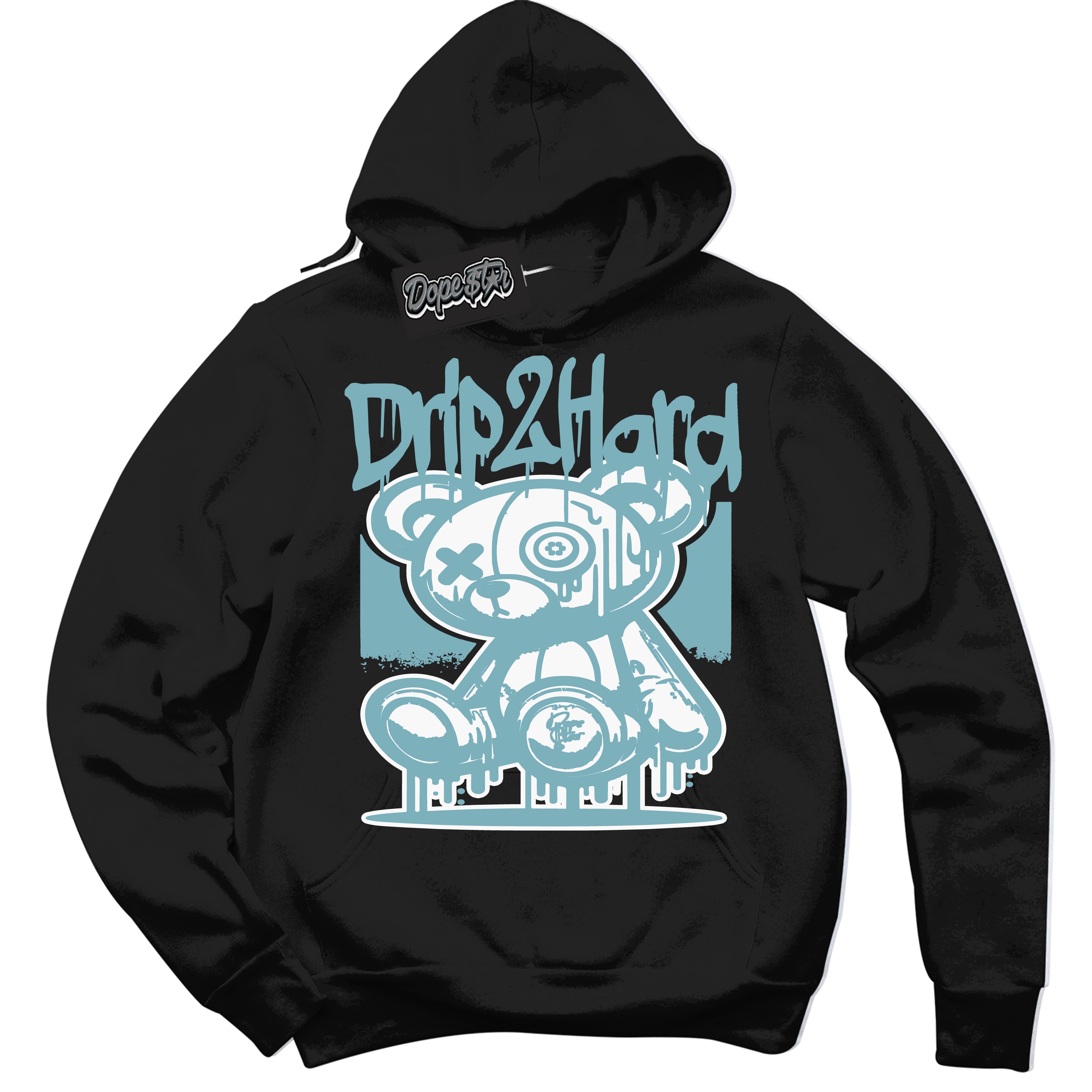 Cool Black Hoodie with “Drip 2 Hard” design that Perfectly Matches Denim Turquoise Dunk.