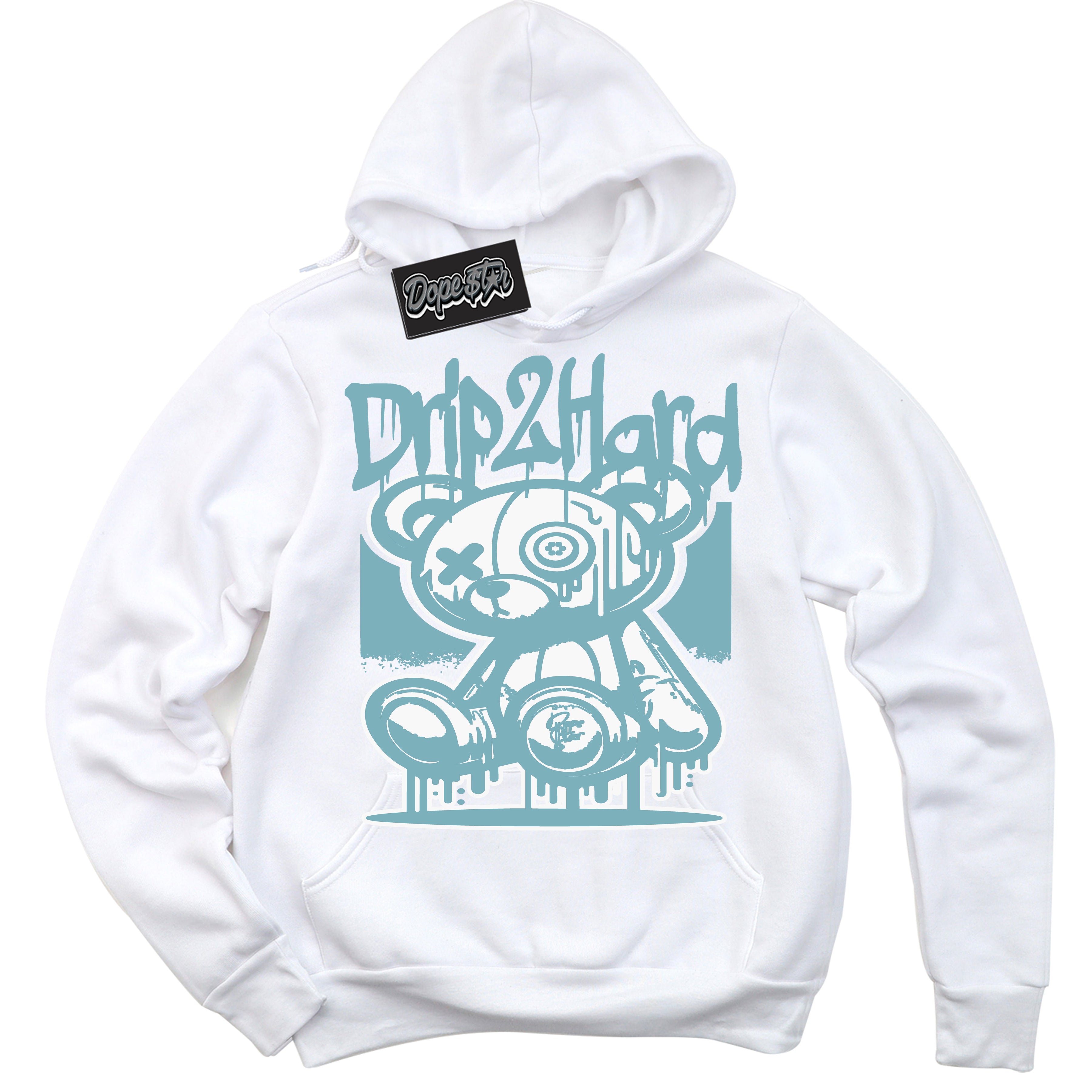 Cool White Hoodie with “Drip 2 Hard” design that Perfectly Matches Denim Turquoise Dunk.