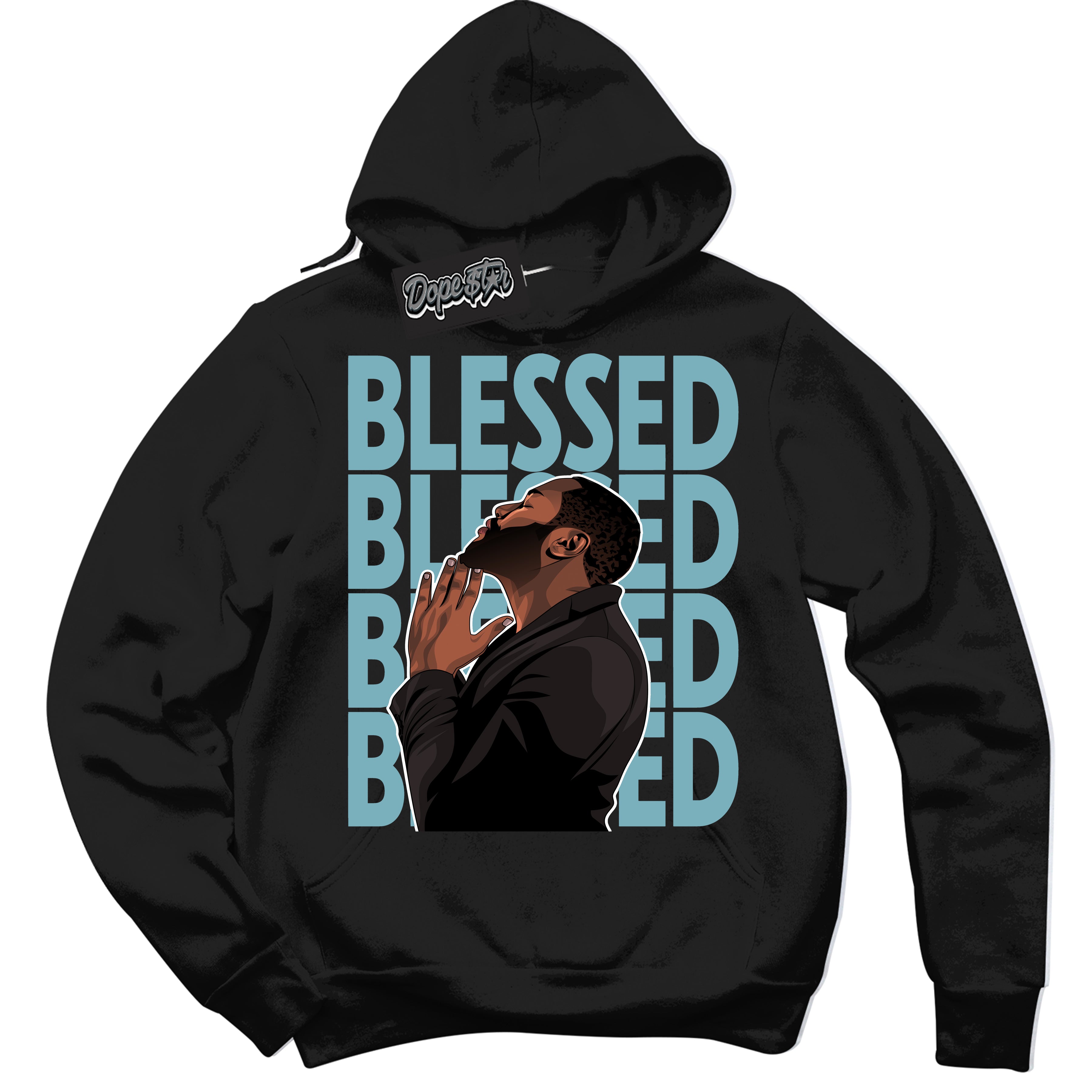 Cool Black Hoodie with “God Blessed” design that Perfectly Matches Denim Turquoise Dunk.