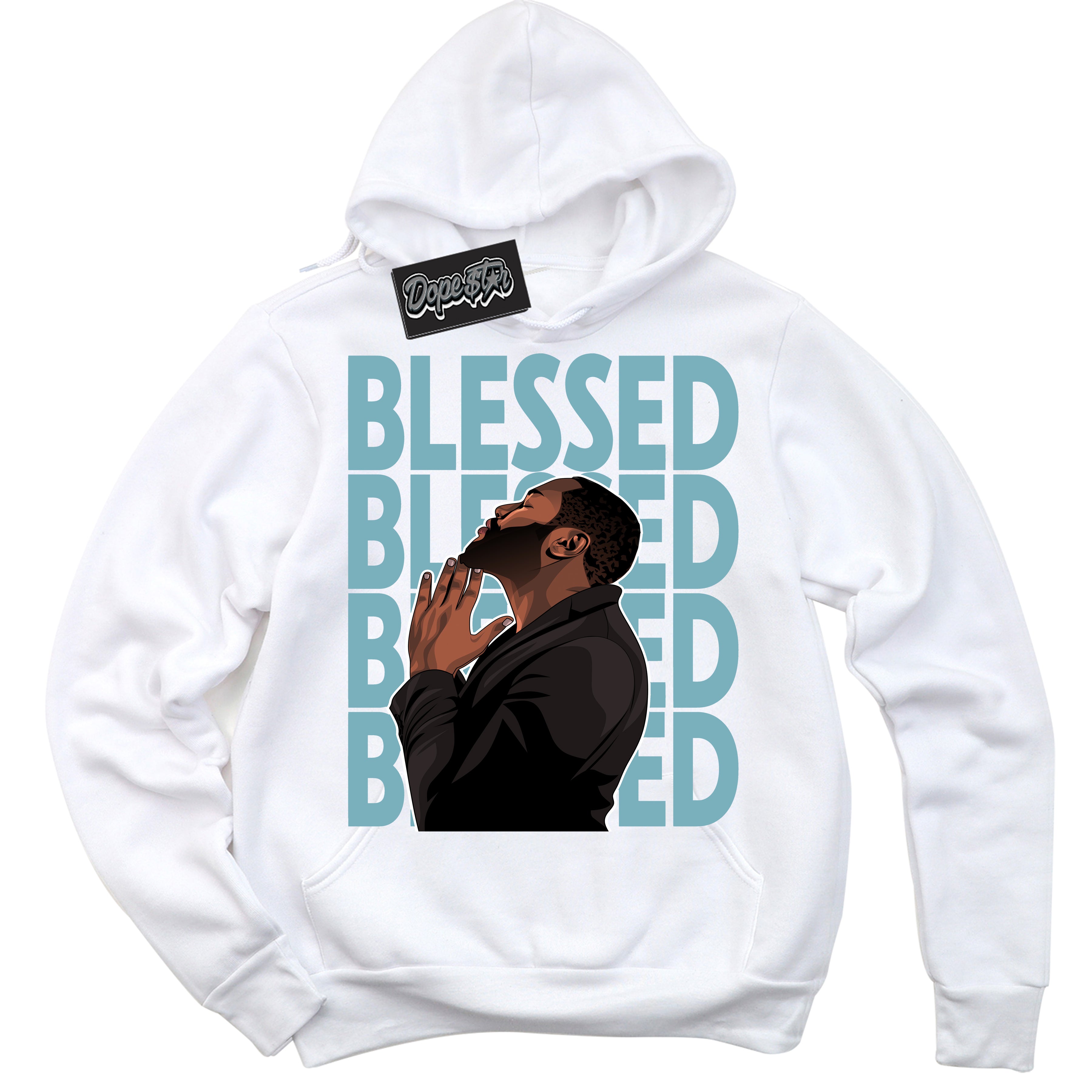 Cool White Hoodie with “God Blessed” design that Perfectly Matches Denim Turquoise Dunk.