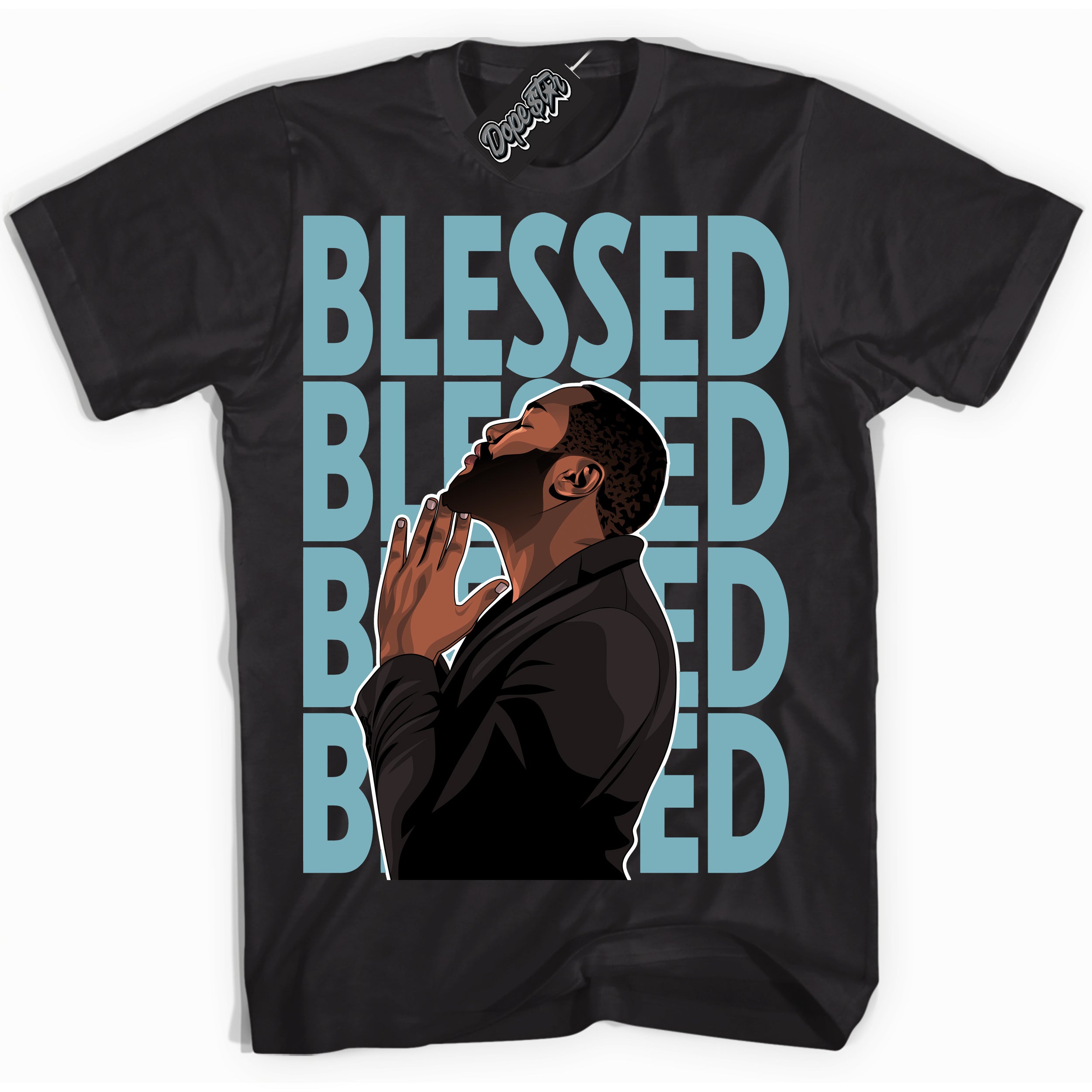 Cool Black Shirt with “God Blessed” design that perfectly matches Denim Turquoise Dunk.