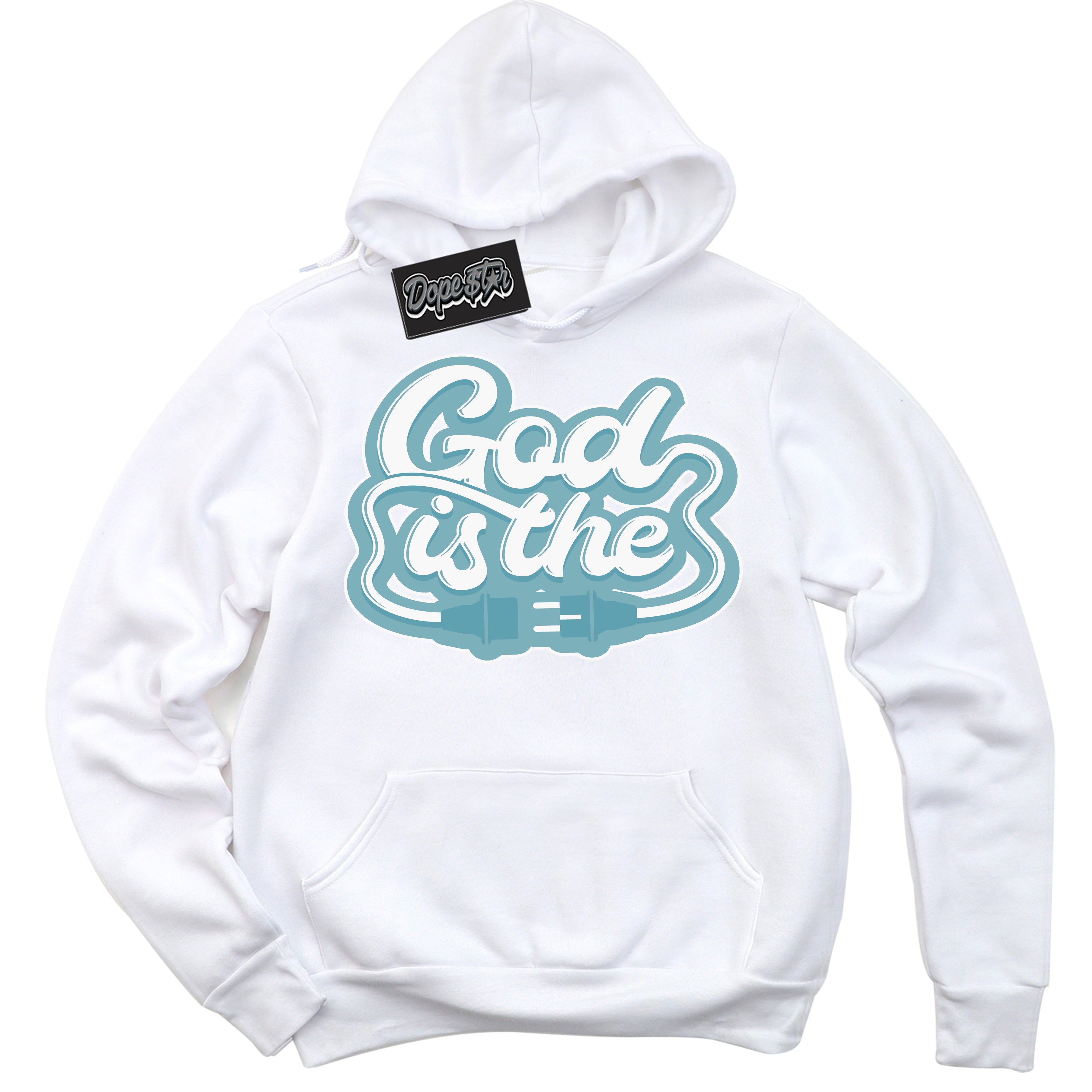 Cool White Hoodie with “God Is The” design that Perfectly Matches Denim Turquoise Dunk.