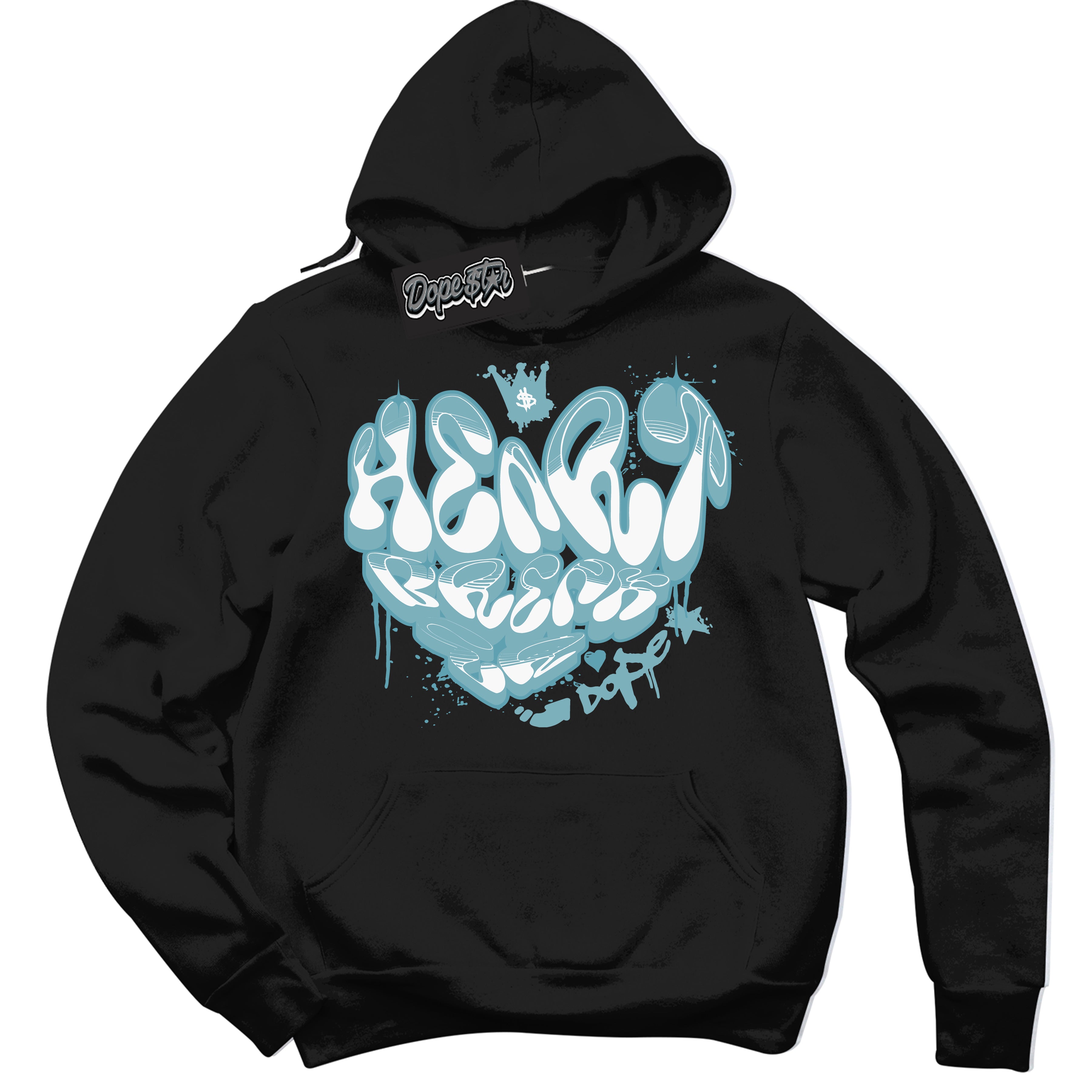 Cool Black Hoodie with “Heartbreaker Graffiti” design that Perfectly Matches Denim Turquoise Dunk.