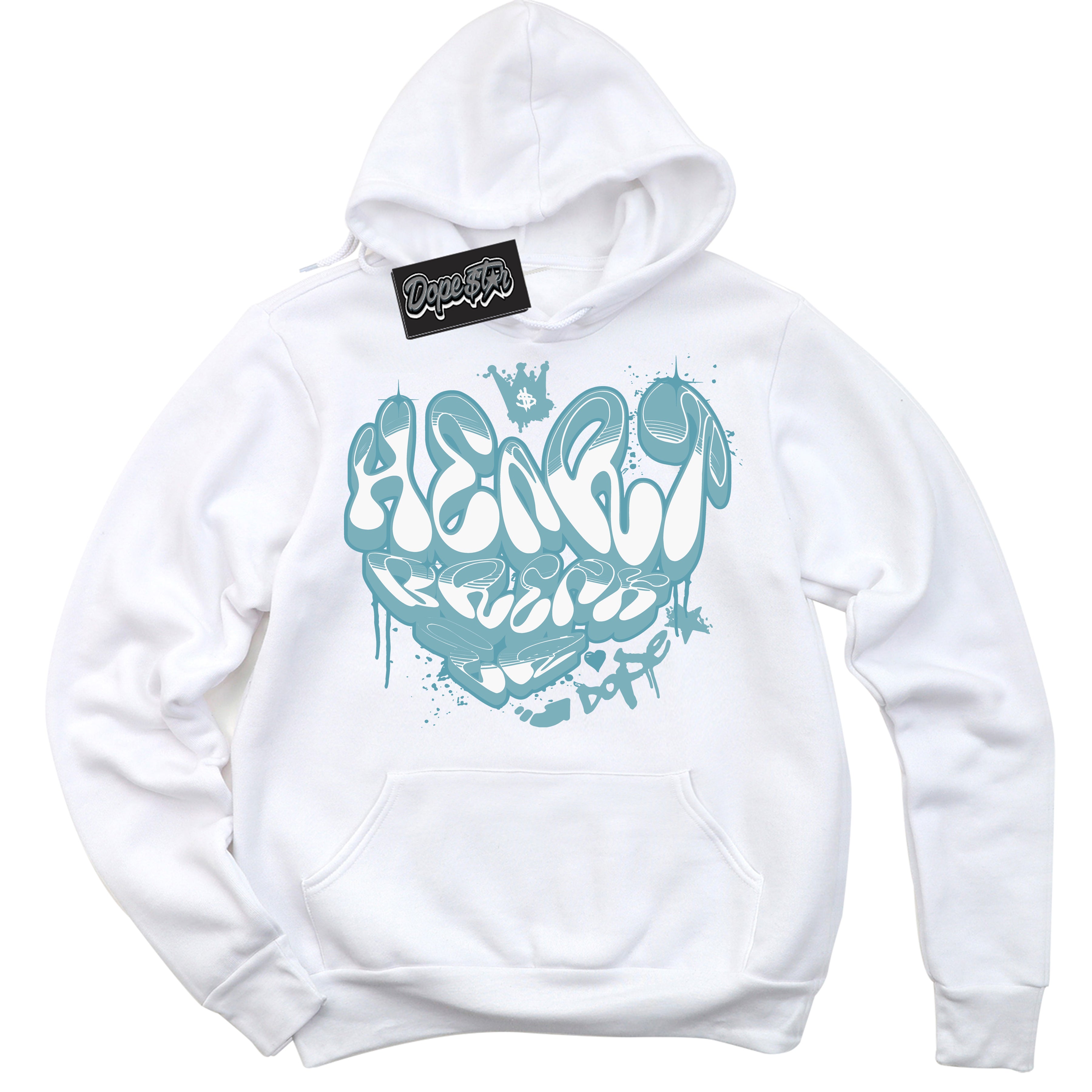 Cool White Hoodie with “Heartbreaker Graffiti” design that Perfectly Matches Denim Turquoise Dunk.