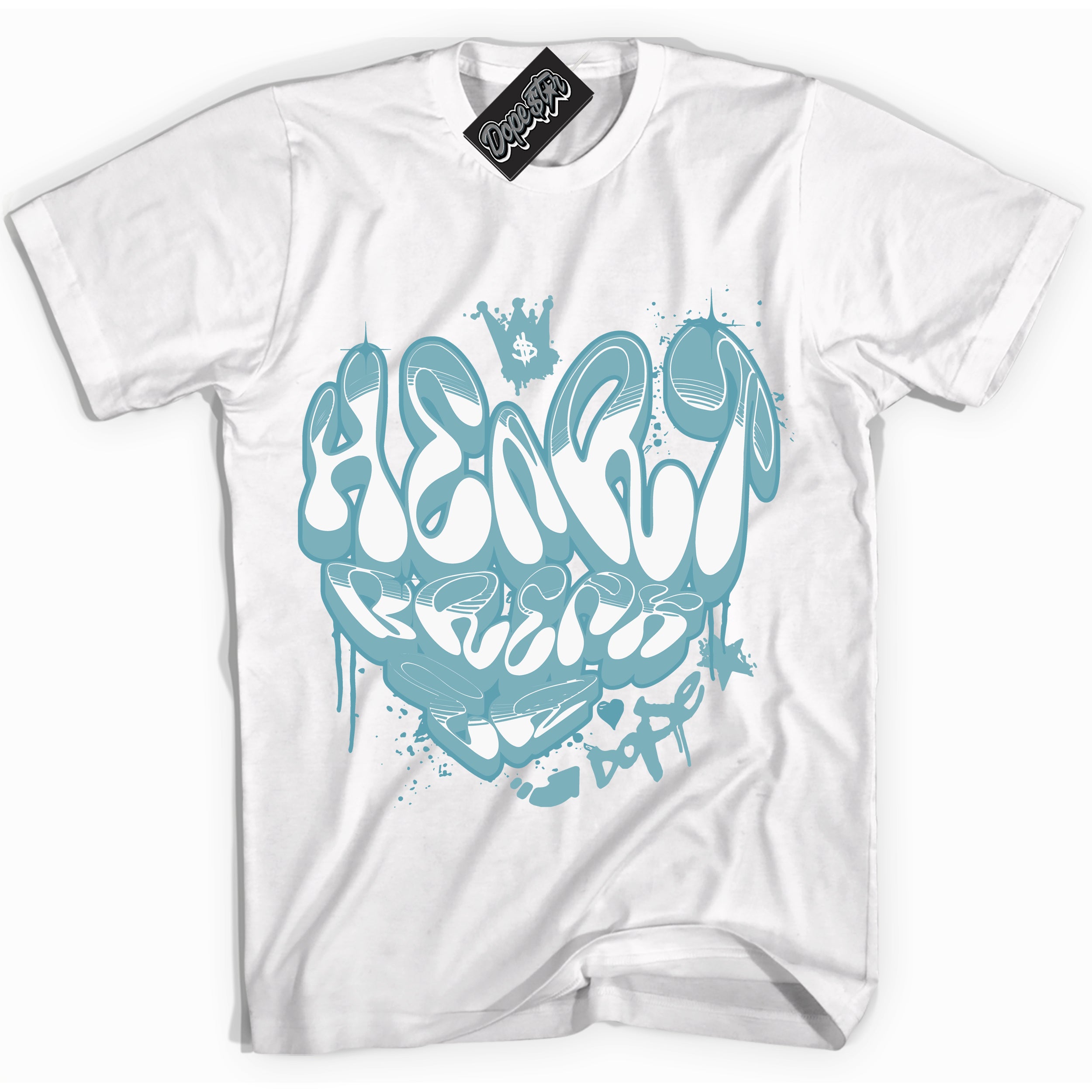 Cool White Shirt with “Heartbreaker Graffiti” design that perfectly matches Denim Turquoise Dunk.