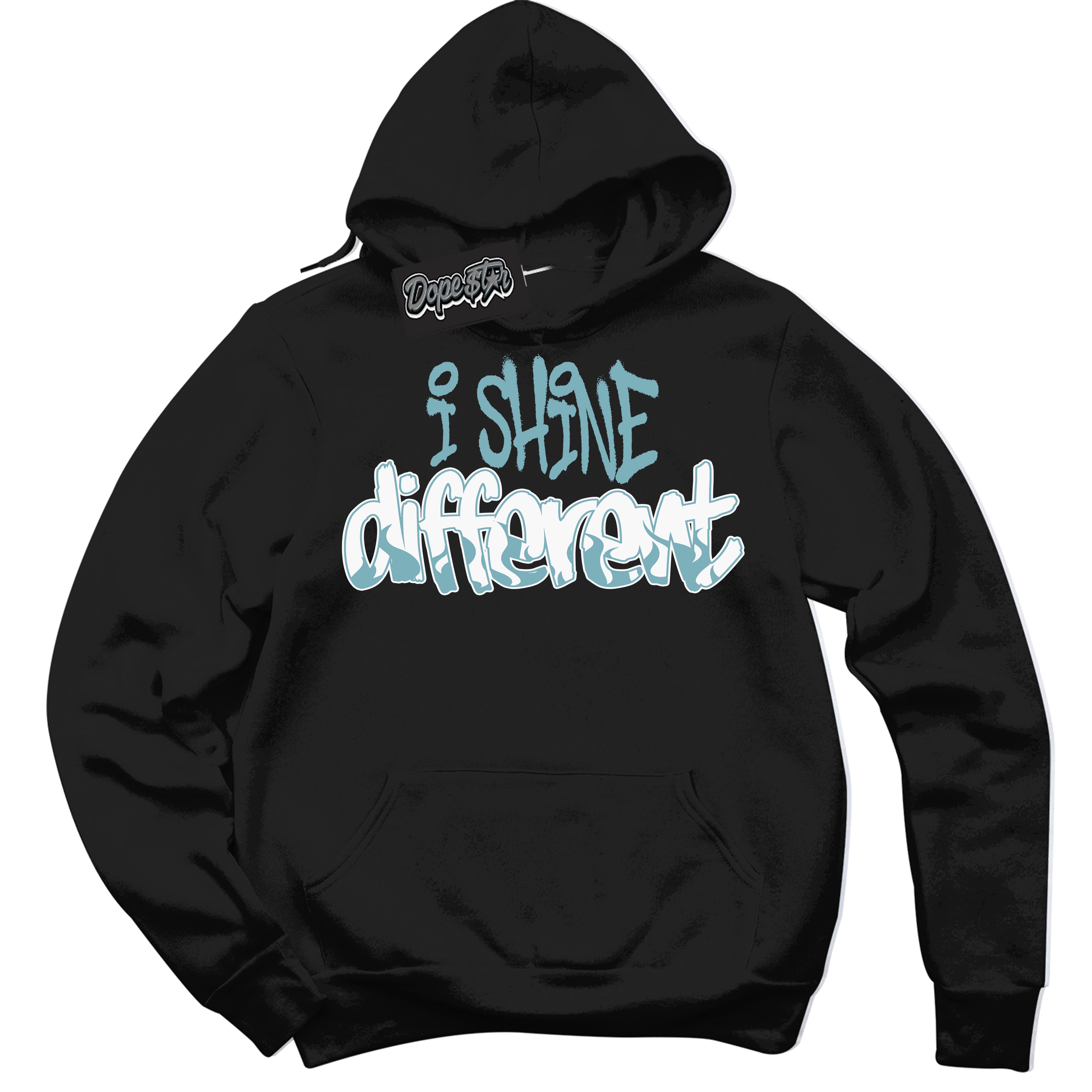 Cool Black Hoodie with “I Shine Different” design that Perfectly Matches Denim Turquoise Dunk.