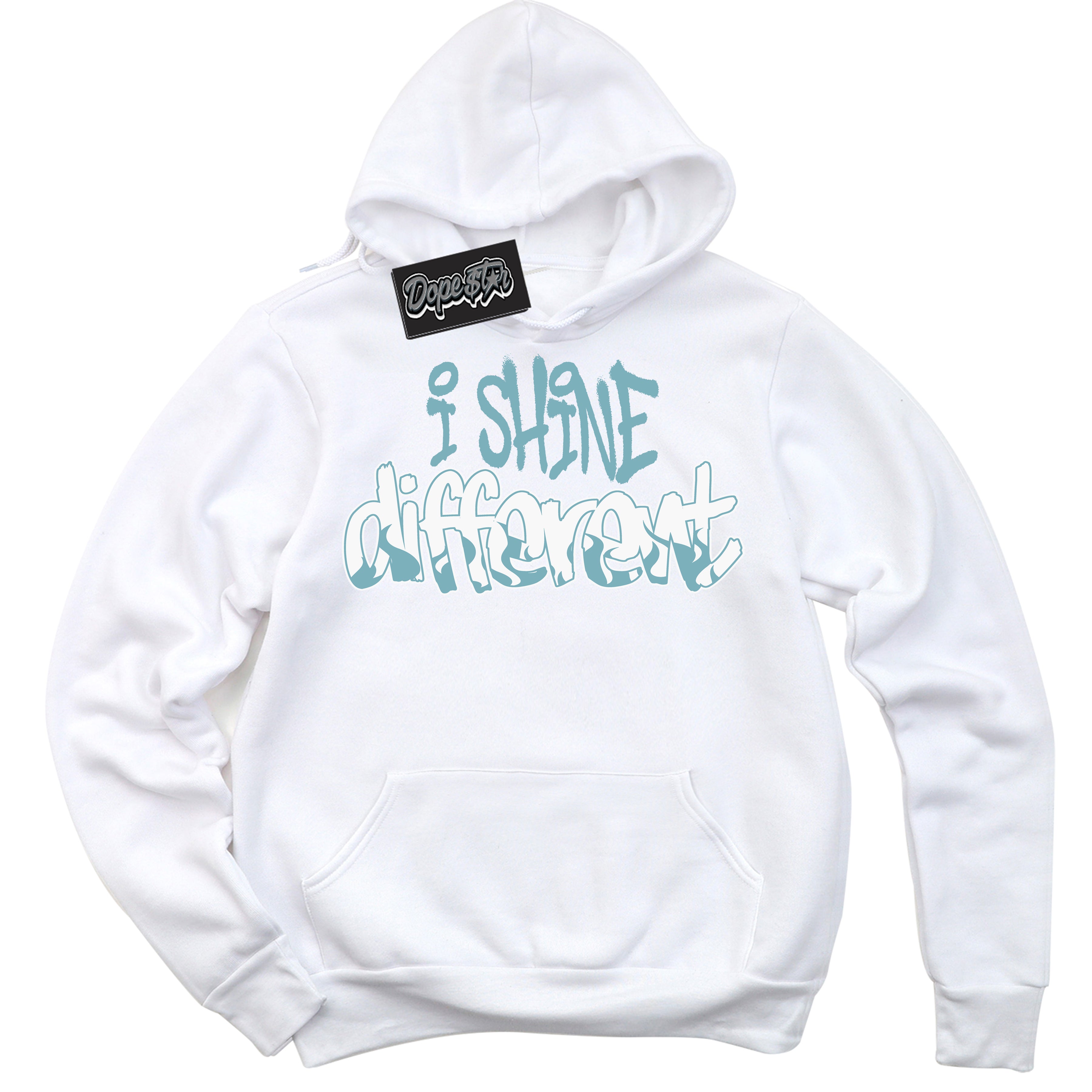 Cool White Hoodie with “I Shine Different” design that Perfectly Matches Denim Turquoise Dunk.