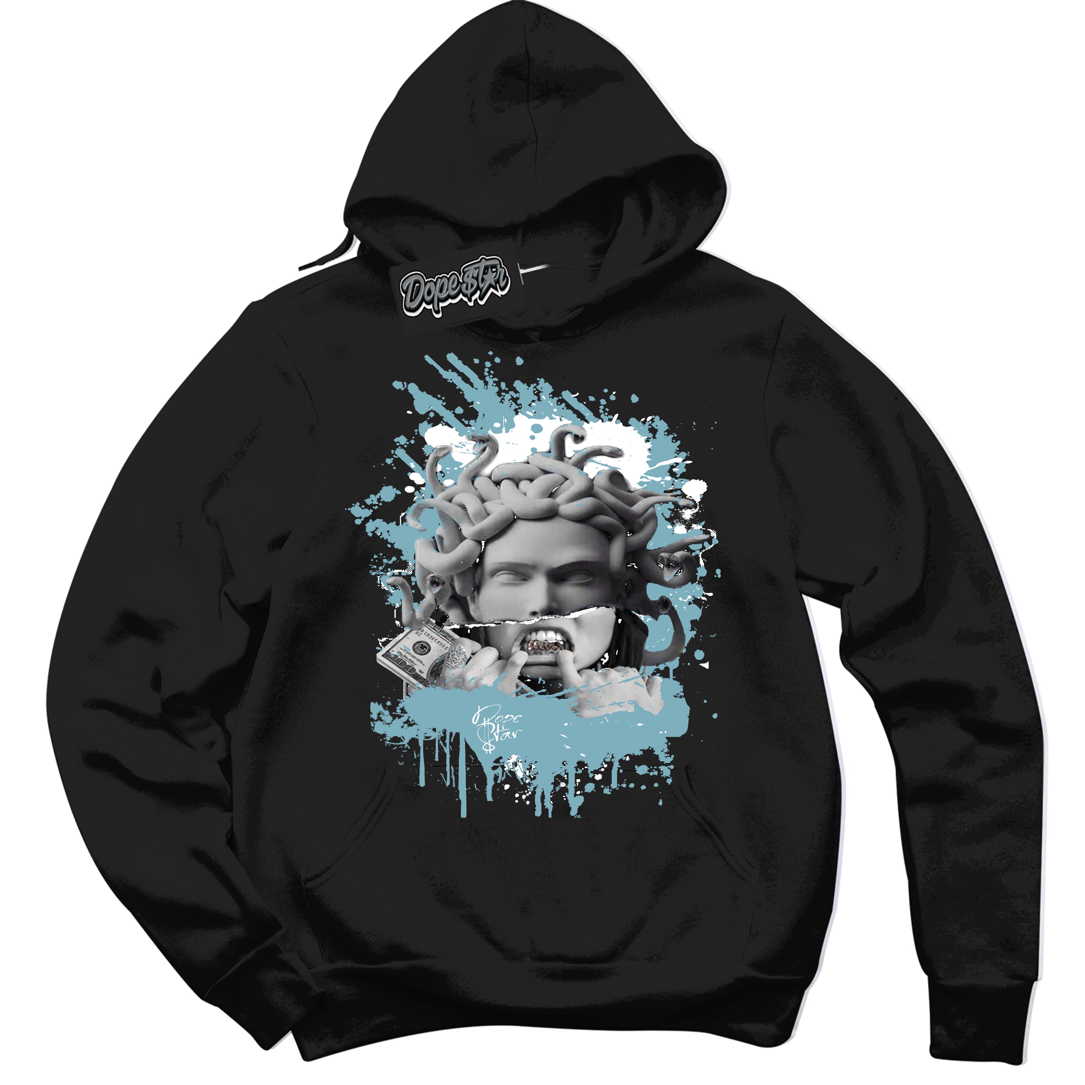 Cool Black Hoodie with “Medusa” design that Perfectly Matches Denim Turquoise Dunk.