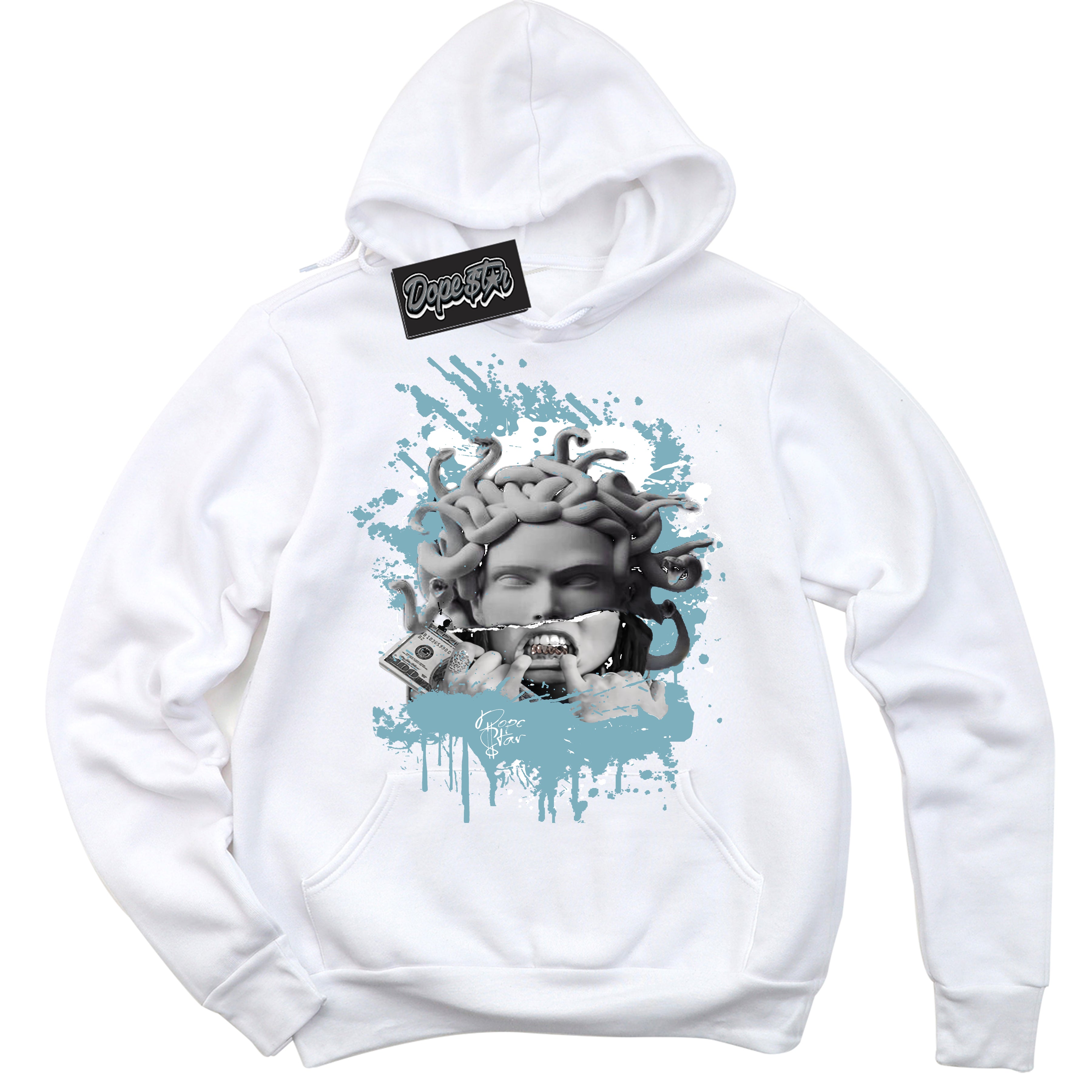 Cool White Hoodie with “Medusa” design that Perfectly Matches Denim Turquoise Dunk.