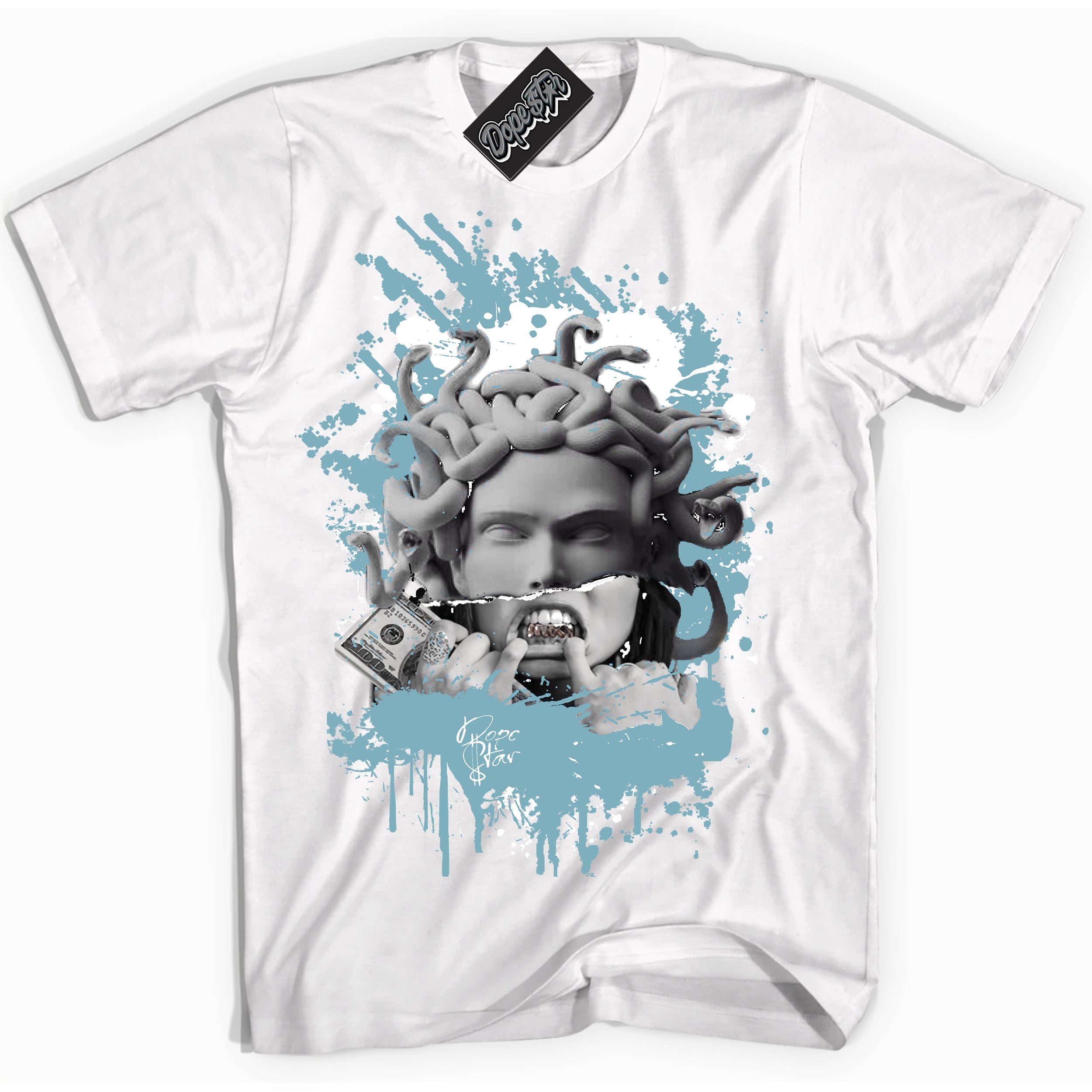 Cool White Shirt with “Medusa” design that perfectly matches Denim Turquoise Dunk.