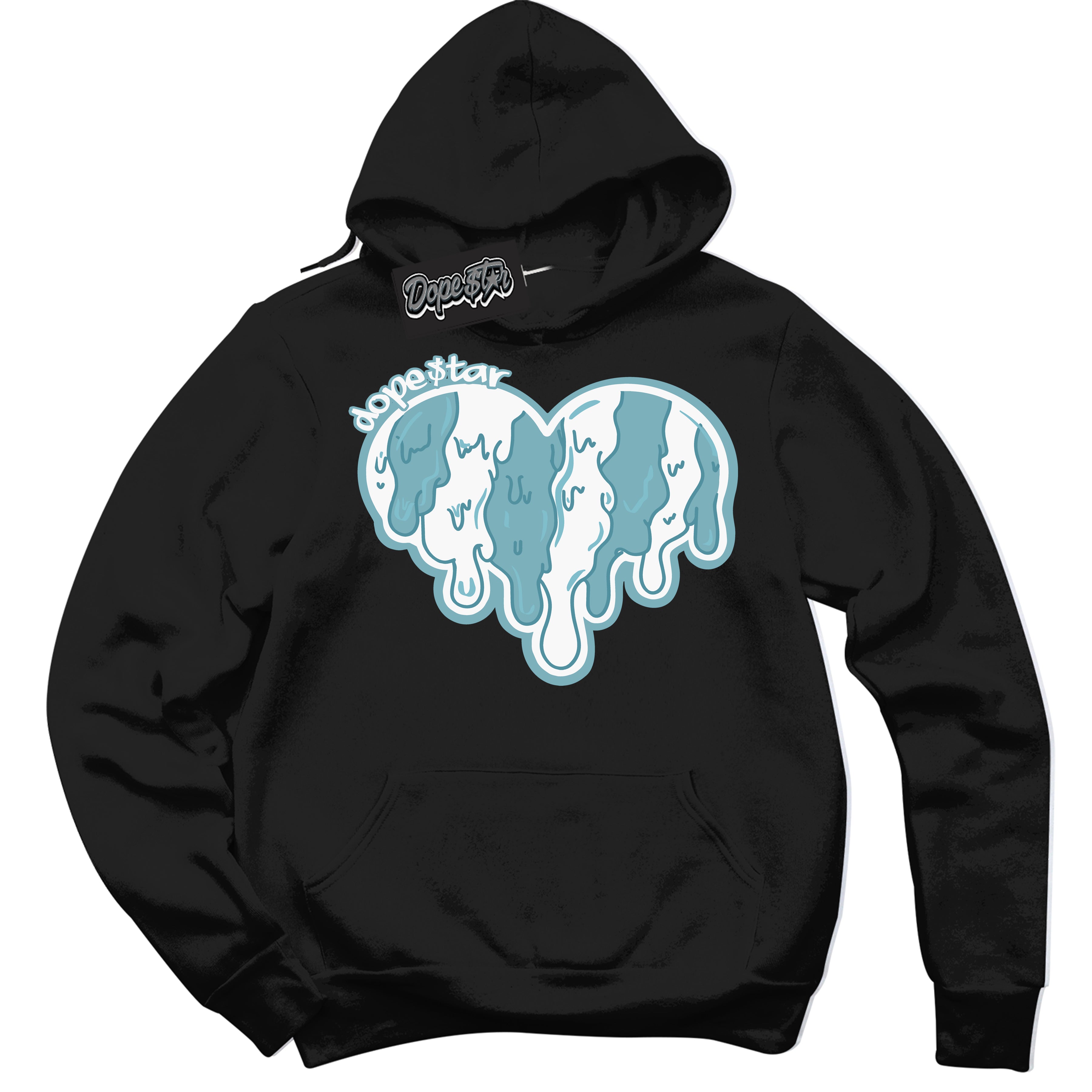 Cool Black Hoodie with “Melting Heart” design that Perfectly Matches Denim Turquoise Dunk.