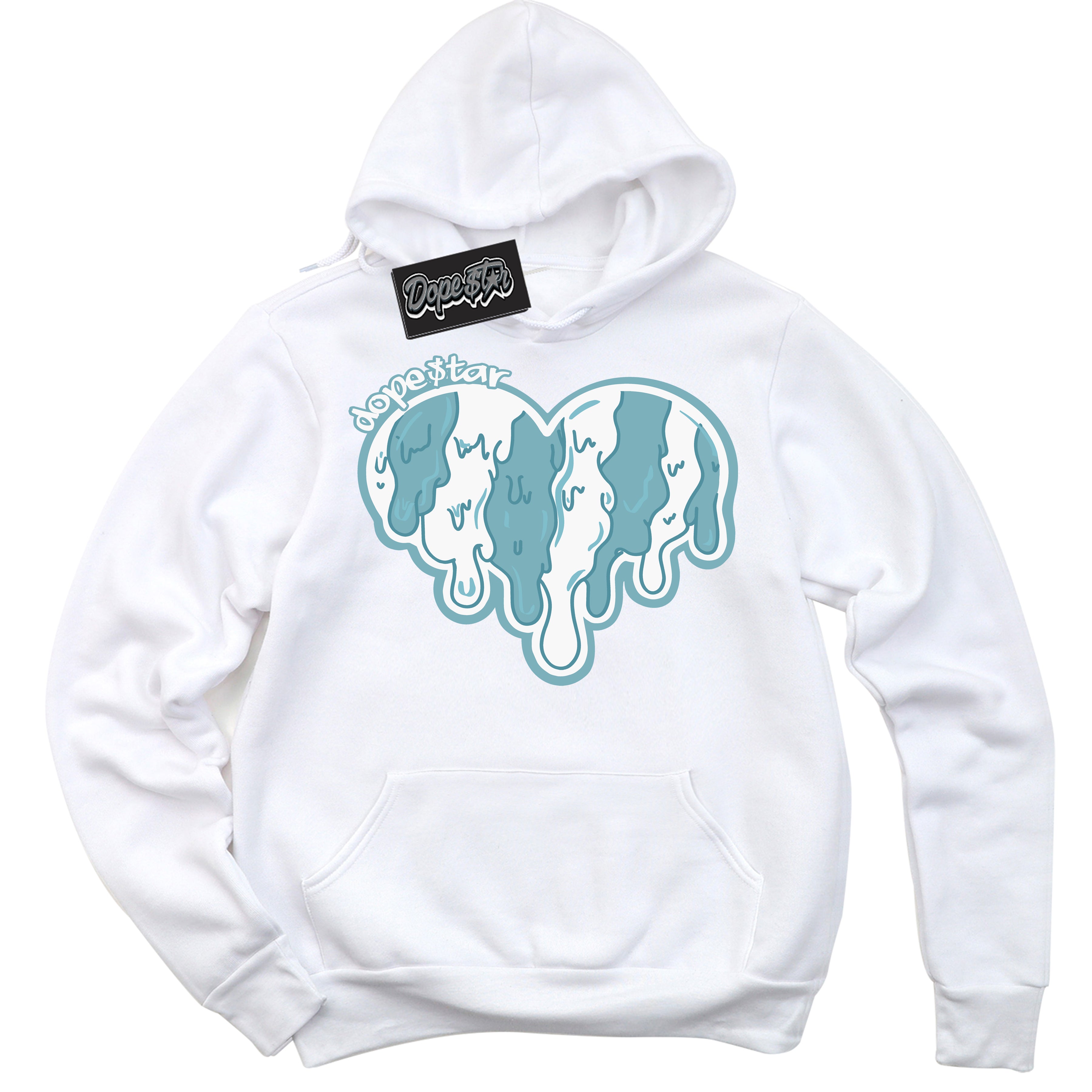 Cool White Hoodie with “Melting Heart” design that Perfectly Matches Denim Turquoise Dunk.