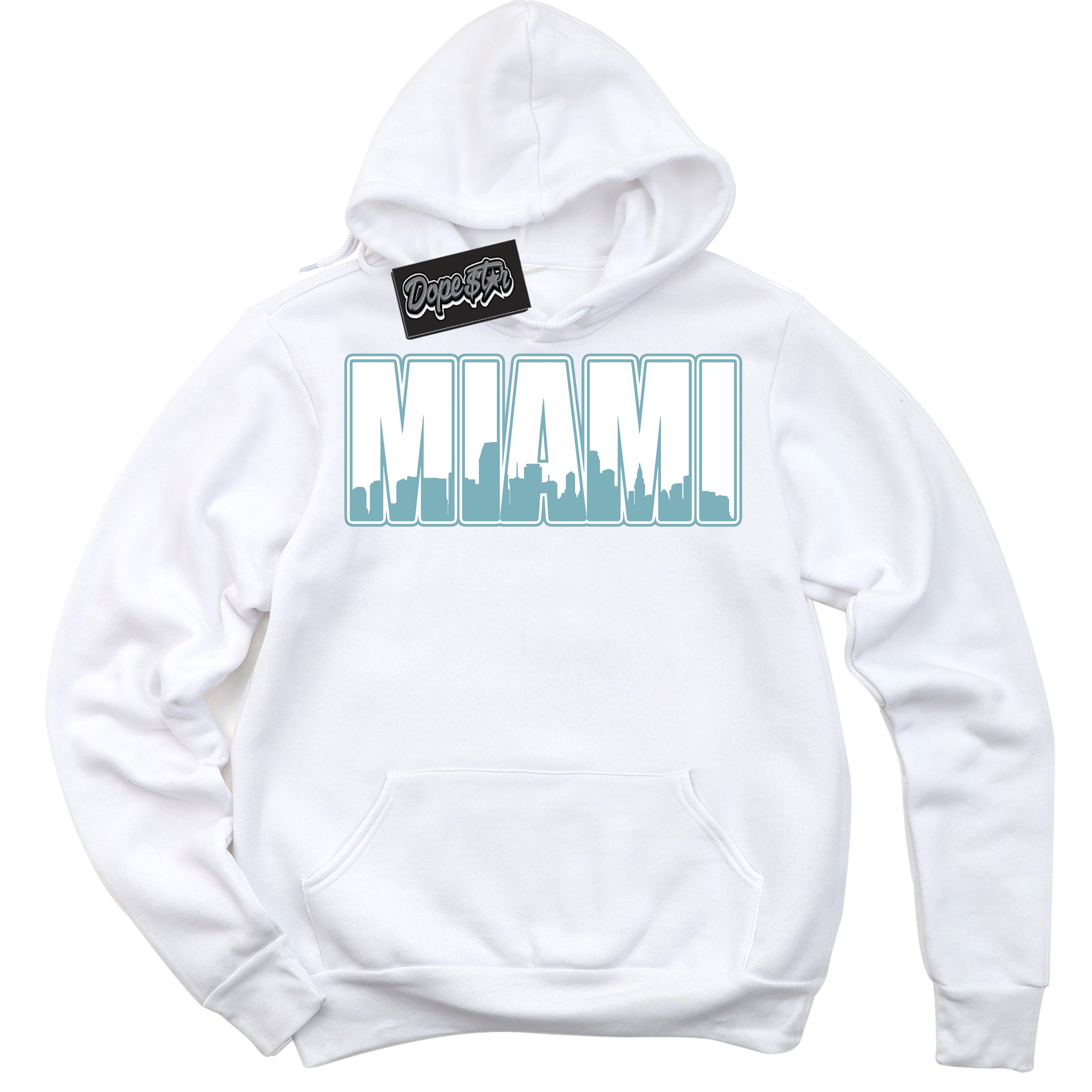 Cool White Hoodie with “Miami” design that Perfectly Matches Denim Turquoise Dunk.