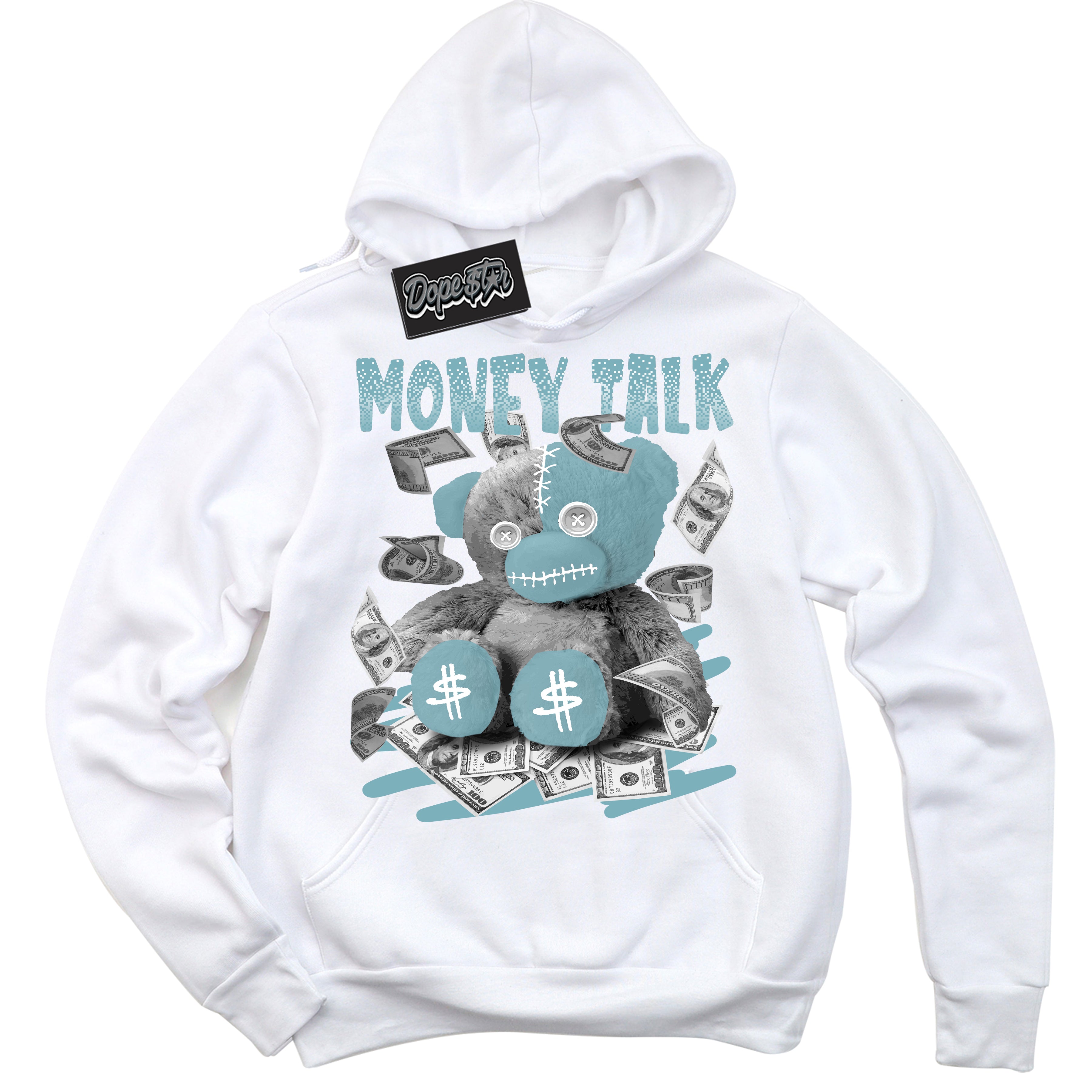 Cool White Hoodie with “Money Talk Bear” design that Perfectly Matches Denim Turquoise Dunk.