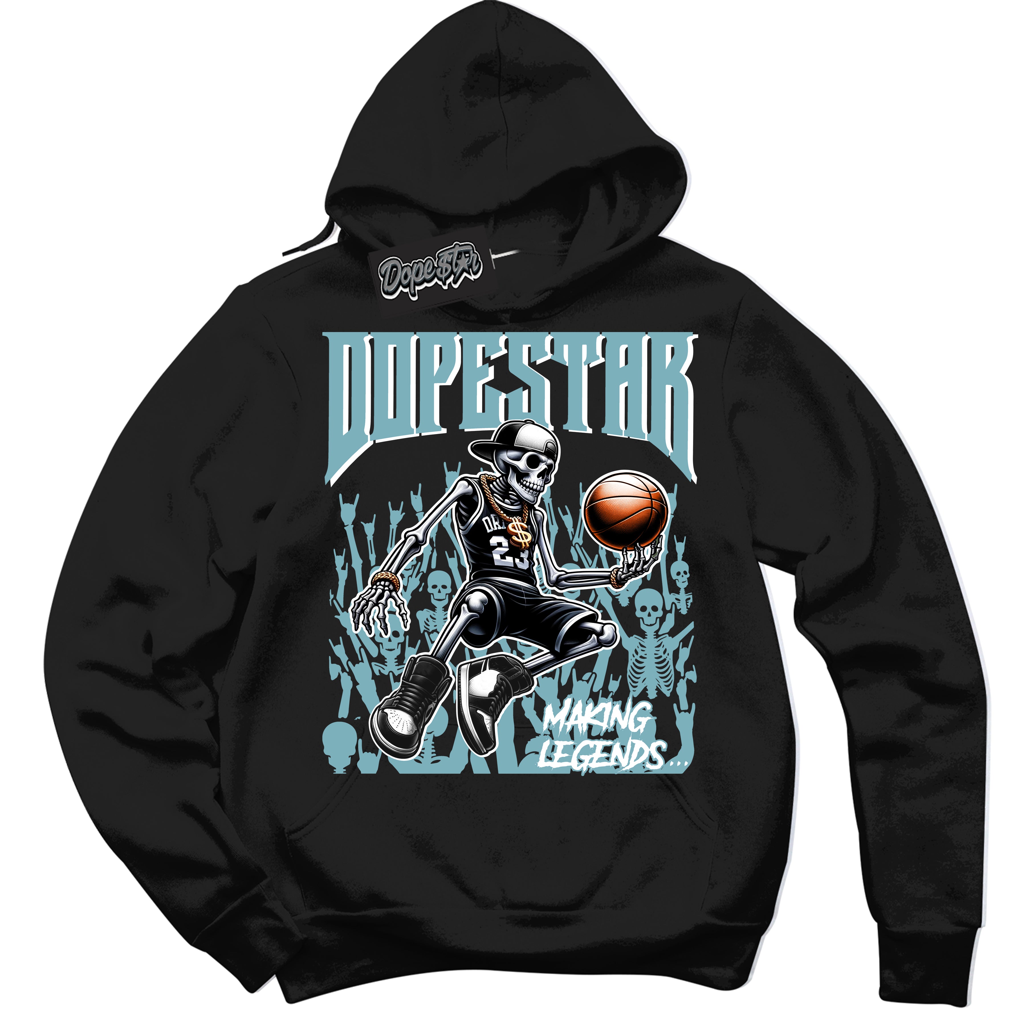 Cool Black Hoodie with “Making Legends” design that Perfectly Matches Denim Turquoise Dunk.