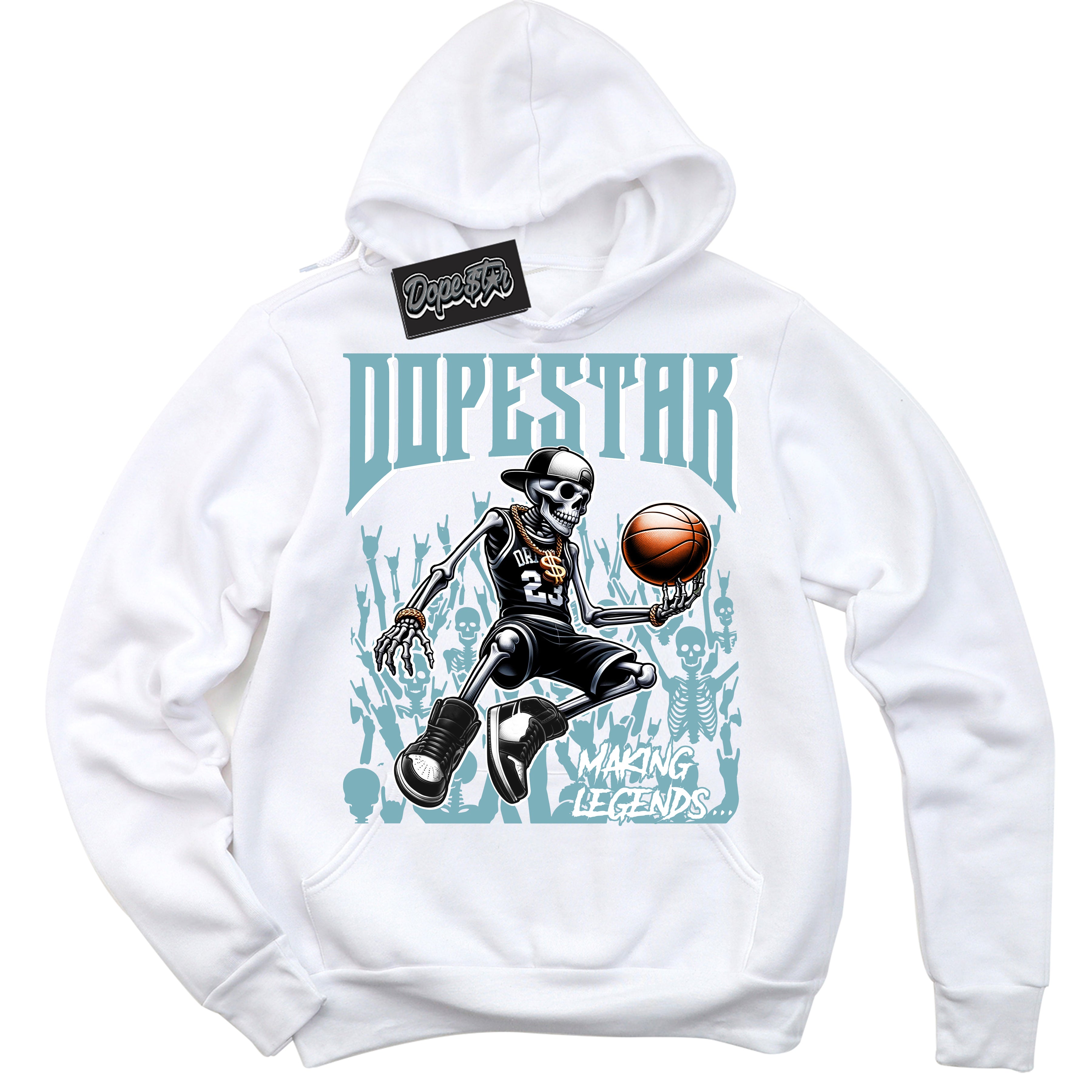 Cool White Hoodie with “Making Legends” design that Perfectly Matches Denim Turquoise Dunk.