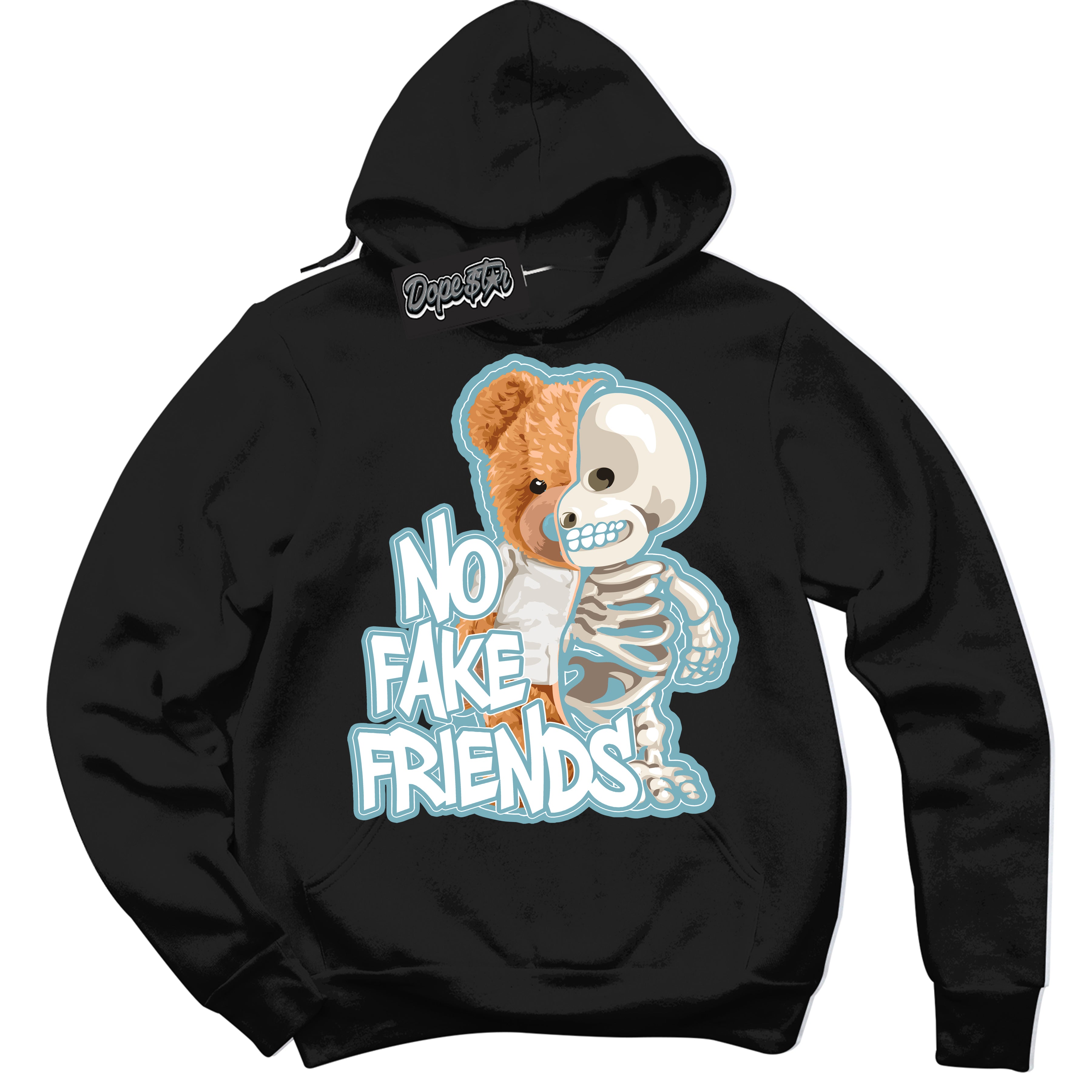 Cool Black Hoodie with “No Fake Friends” design that Perfectly Matches Denim Turquoise Dunk.