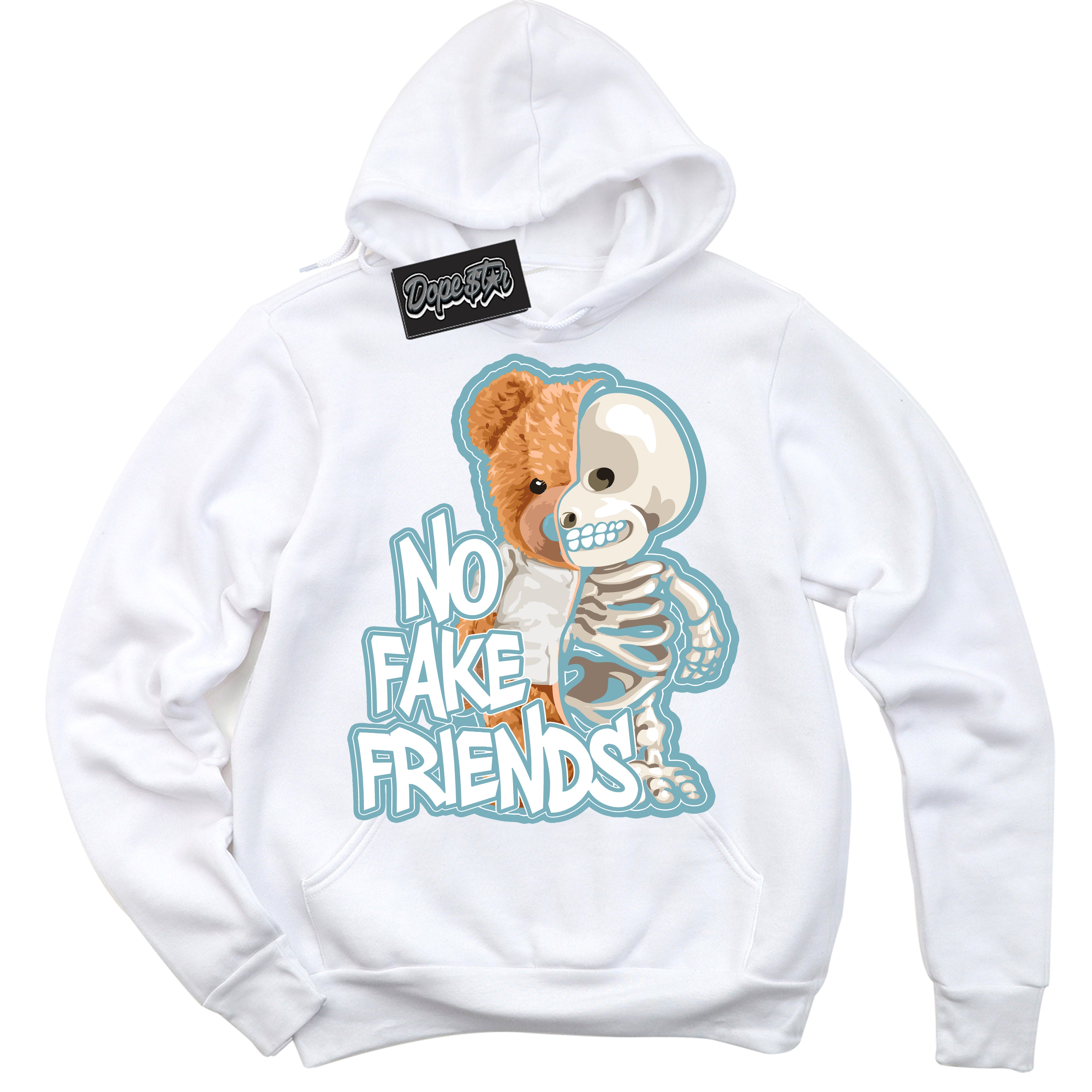 Cool White Hoodie with “No Fake Friends” design that Perfectly Matches Denim Turquoise Dunk.