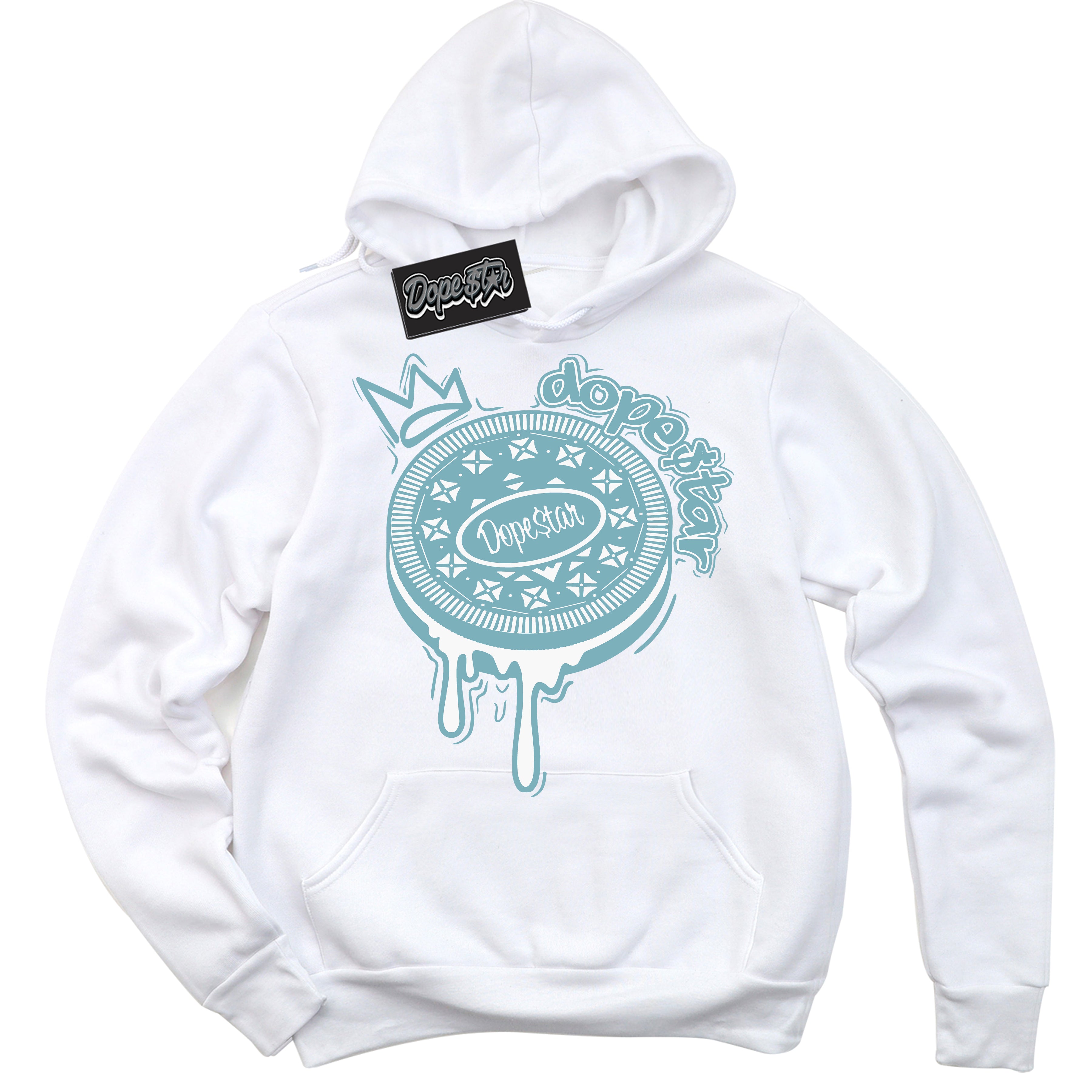 Cool White Hoodie with “Oreo DS” design that Perfectly Matches Denim Turquoise Dunk.