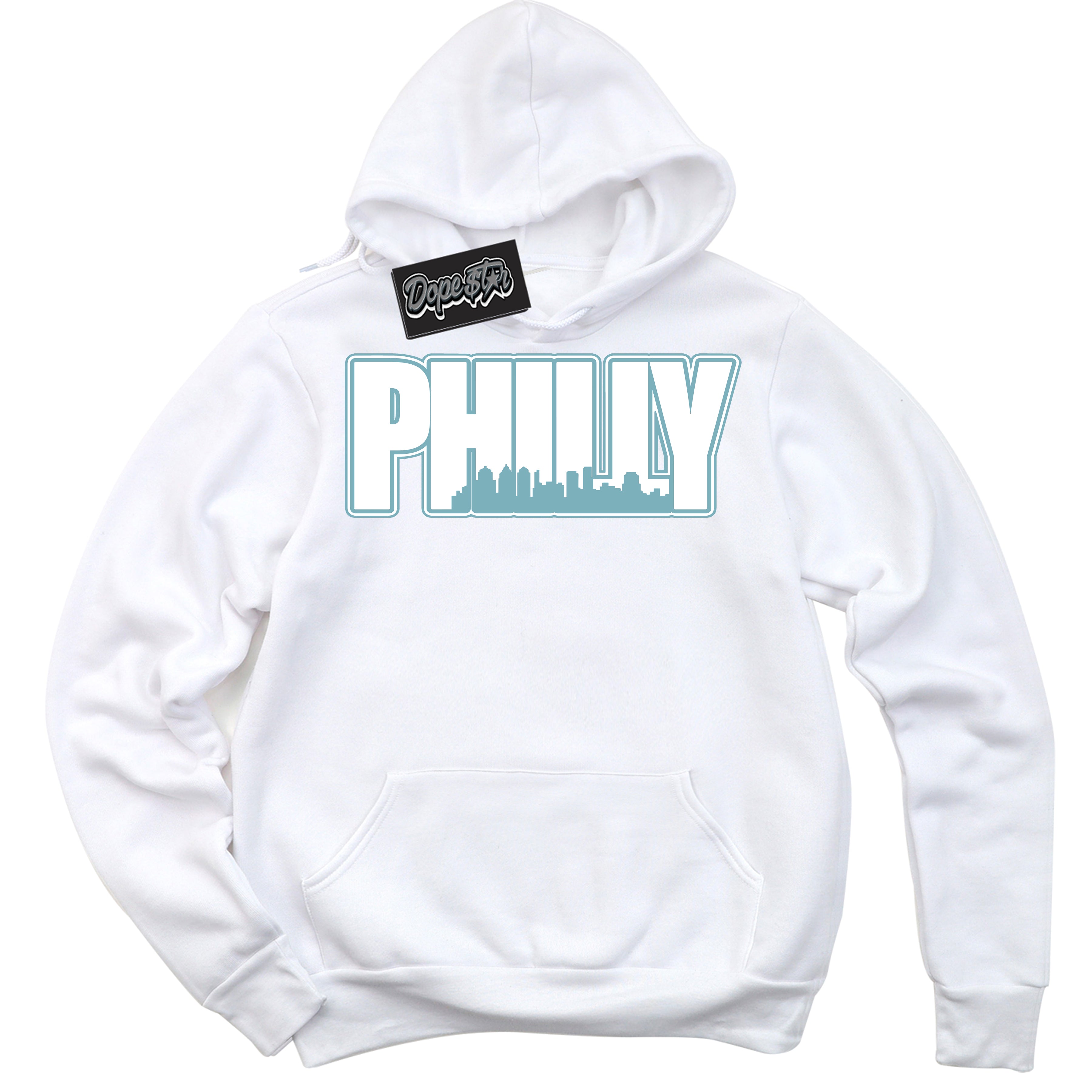 Cool White Hoodie with “Philly” design that Perfectly Matches Denim Turquoise Dunk.