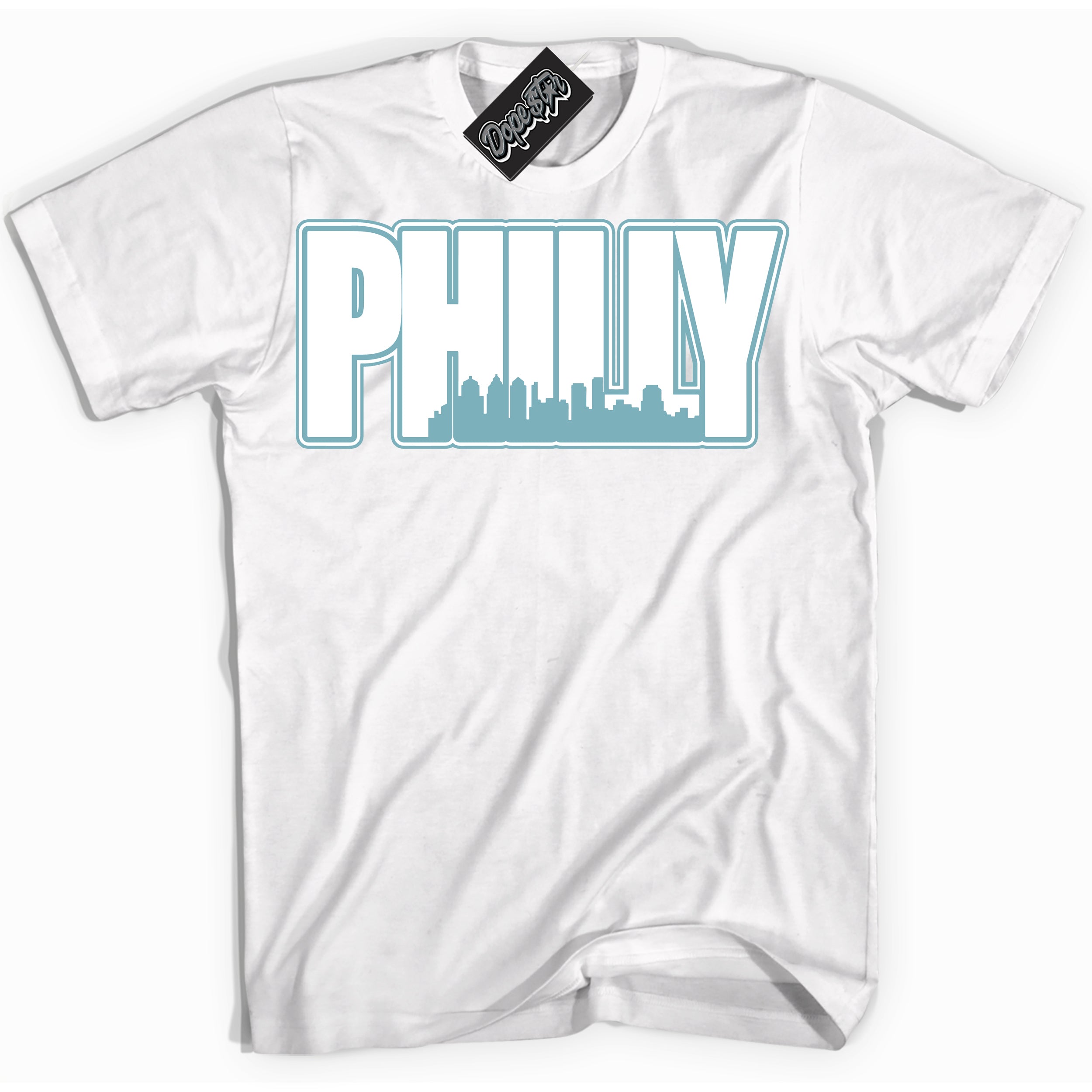 Cool White Shirt with “Philly” design that perfectly matches Denim Turquoise Dunk.