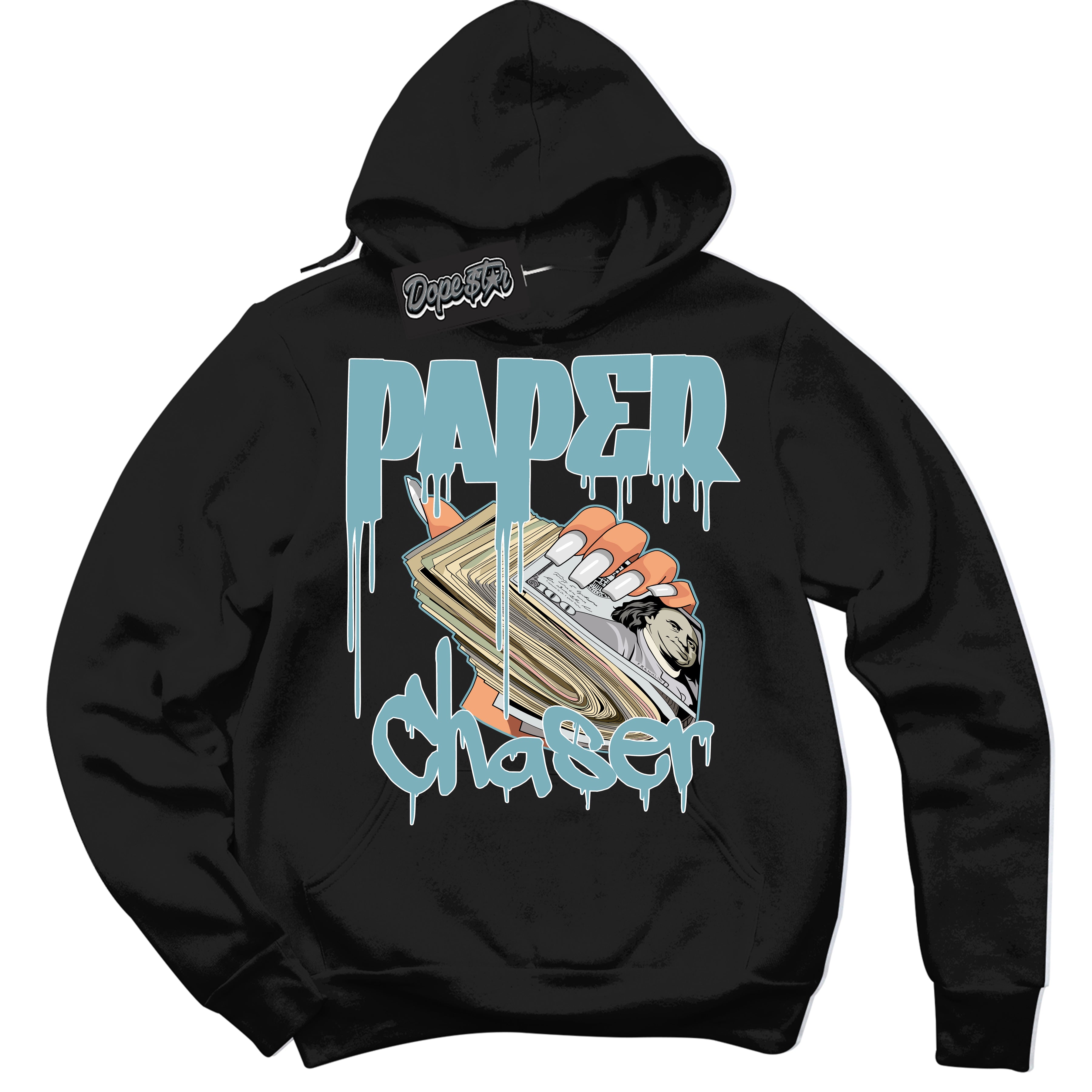 Cool Black Hoodie with “Paper Chaser” design that Perfectly Matches Denim Turquoise Dunk.