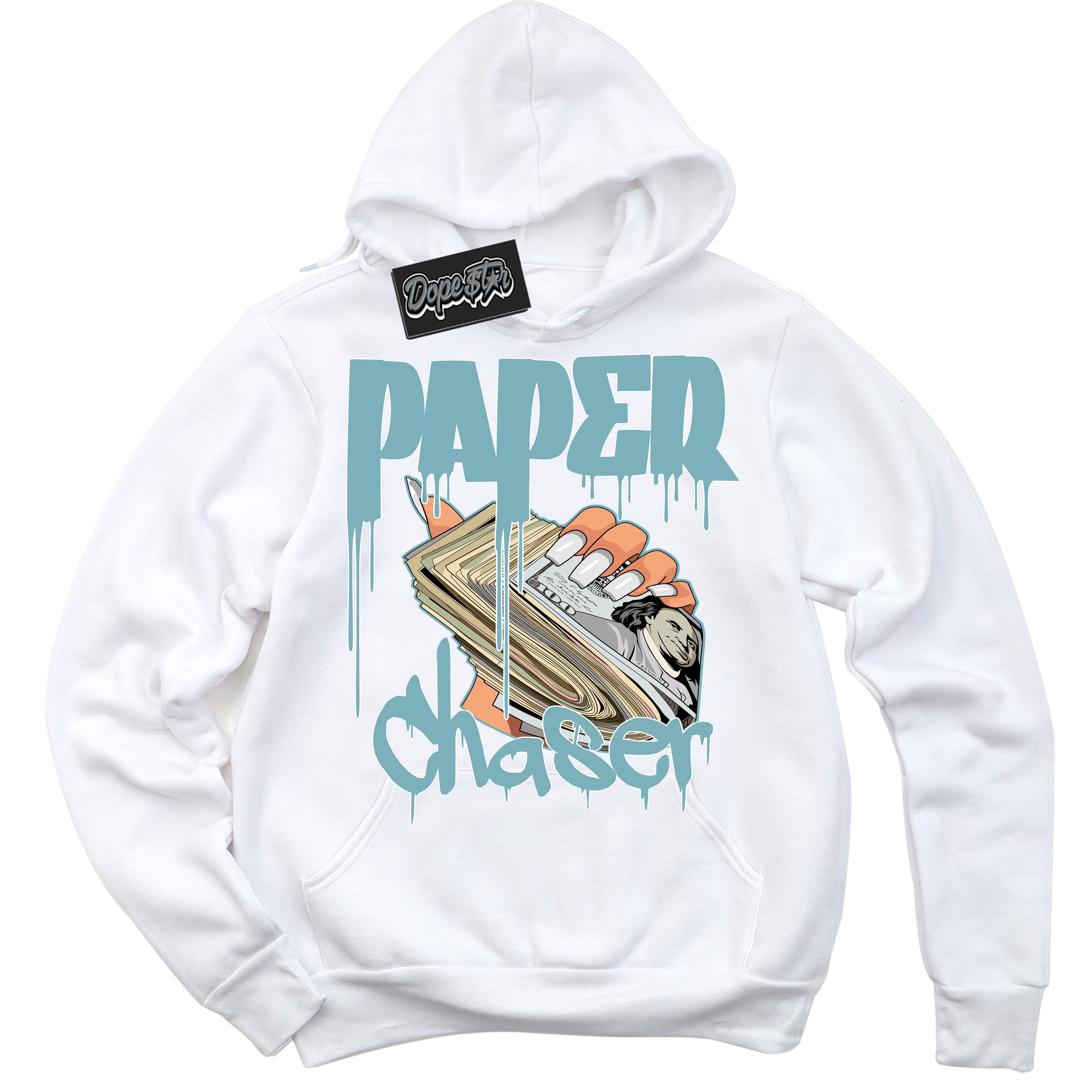 Cool White Hoodie with “Paper Chaser” design that Perfectly Matches Denim Turquoise Dunk.