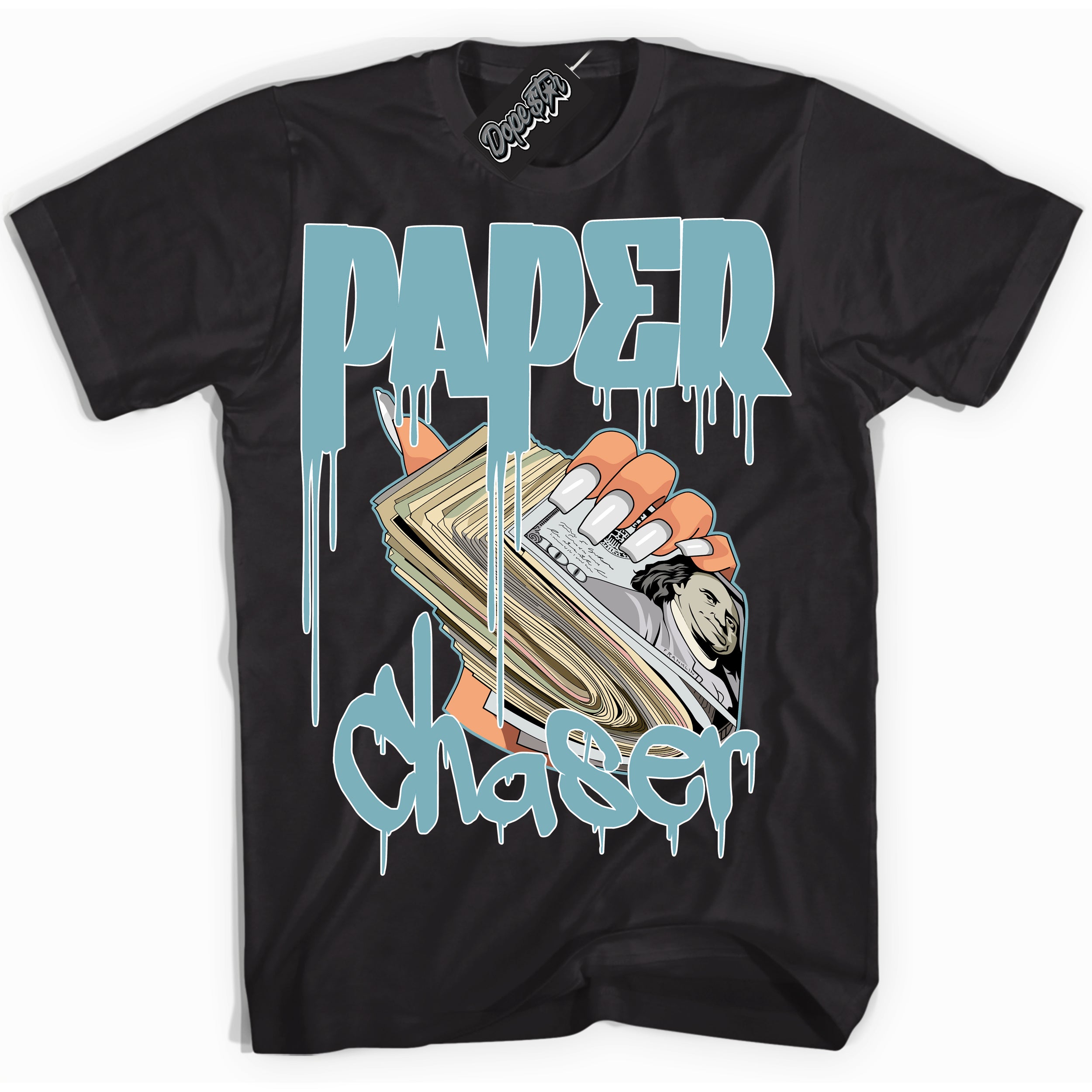 Cool Black Shirt with “Paper Chaser” design that perfectly matches Denim Turquoise Dunk.