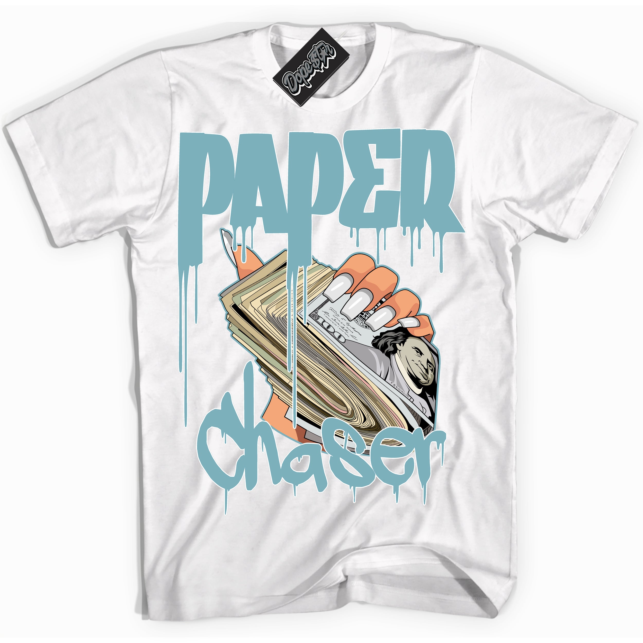 Cool White Shirt with “Paper Chaser” design that perfectly matches Denim Turquoise Dunk.