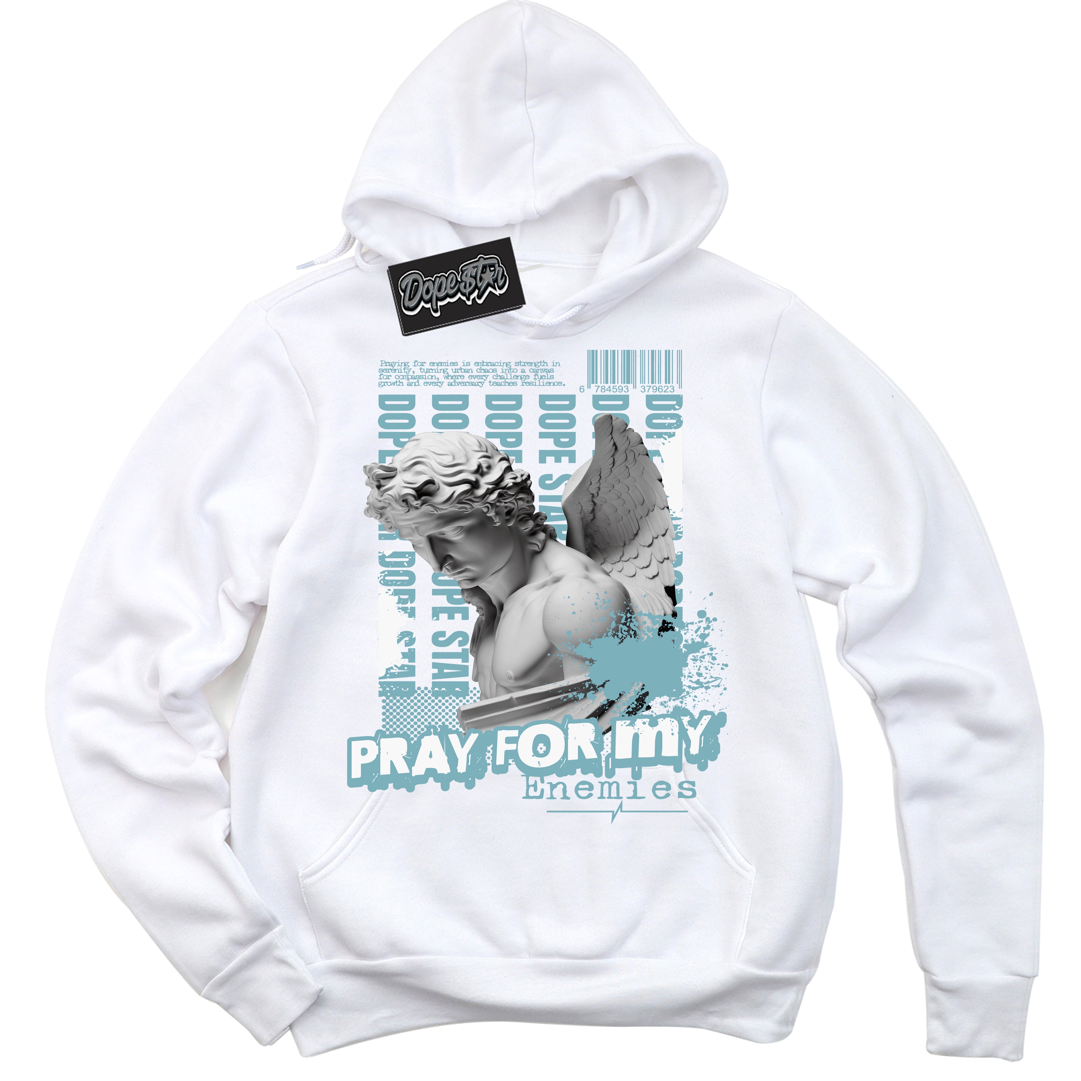 Cool White Hoodie with “Pray Enemies” design that Perfectly Matches Denim Turquoise Dunk.