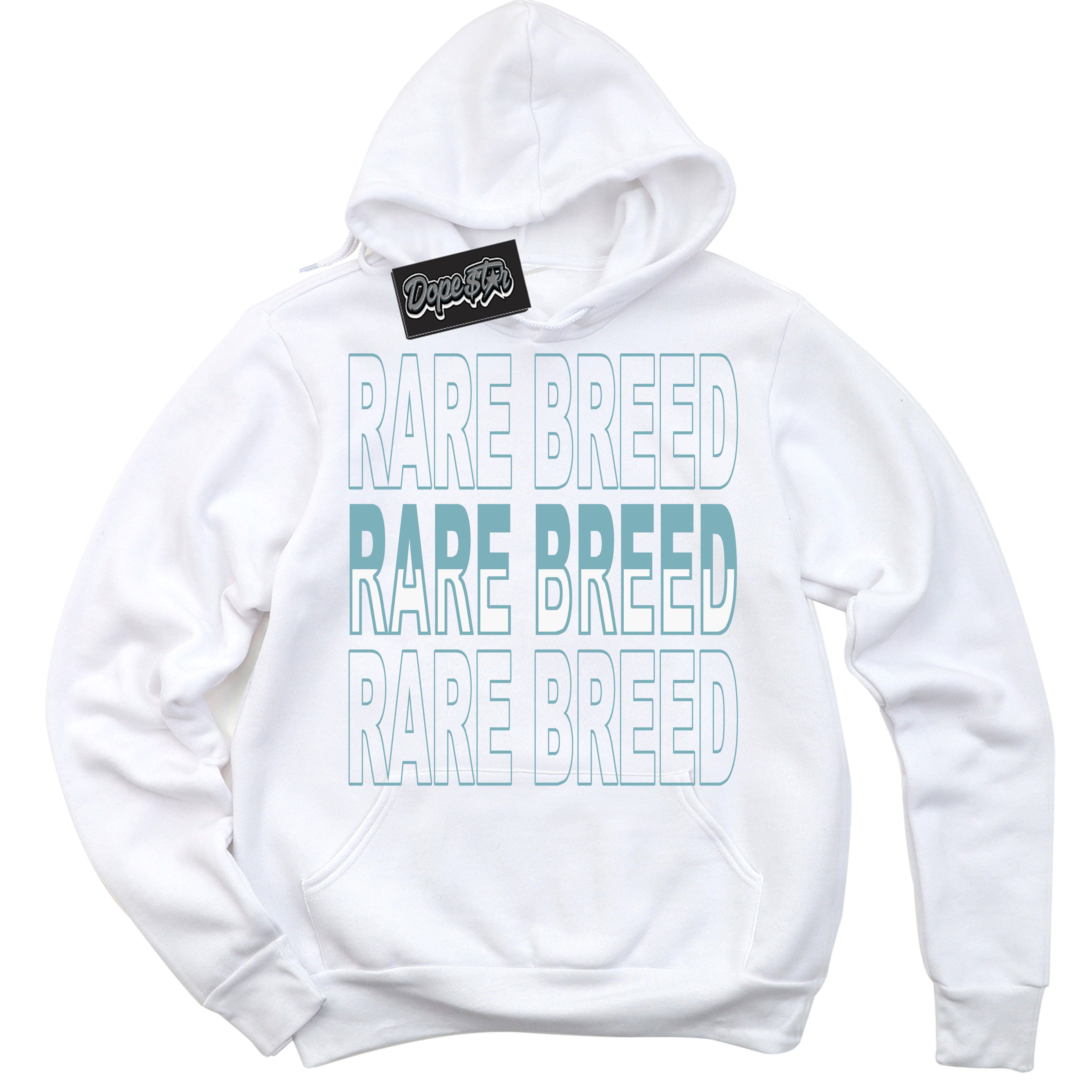 Cool White Hoodie with “Rare Breed” design that Perfectly Matches Denim Turquoise Dunk.