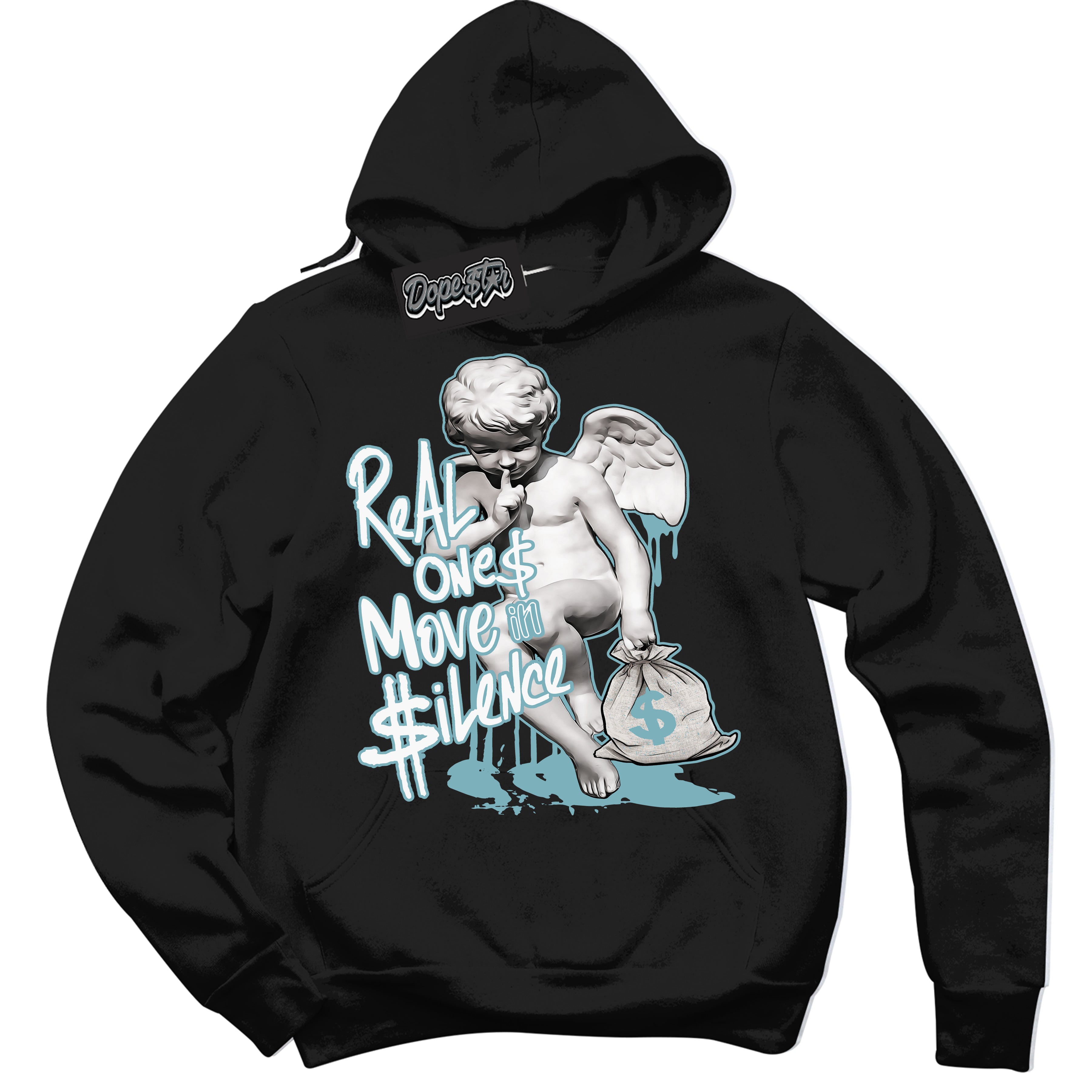 Cool Black Hoodie with “Real Ones Cherub” design that Perfectly Matches Denim Turquoise Dunk.