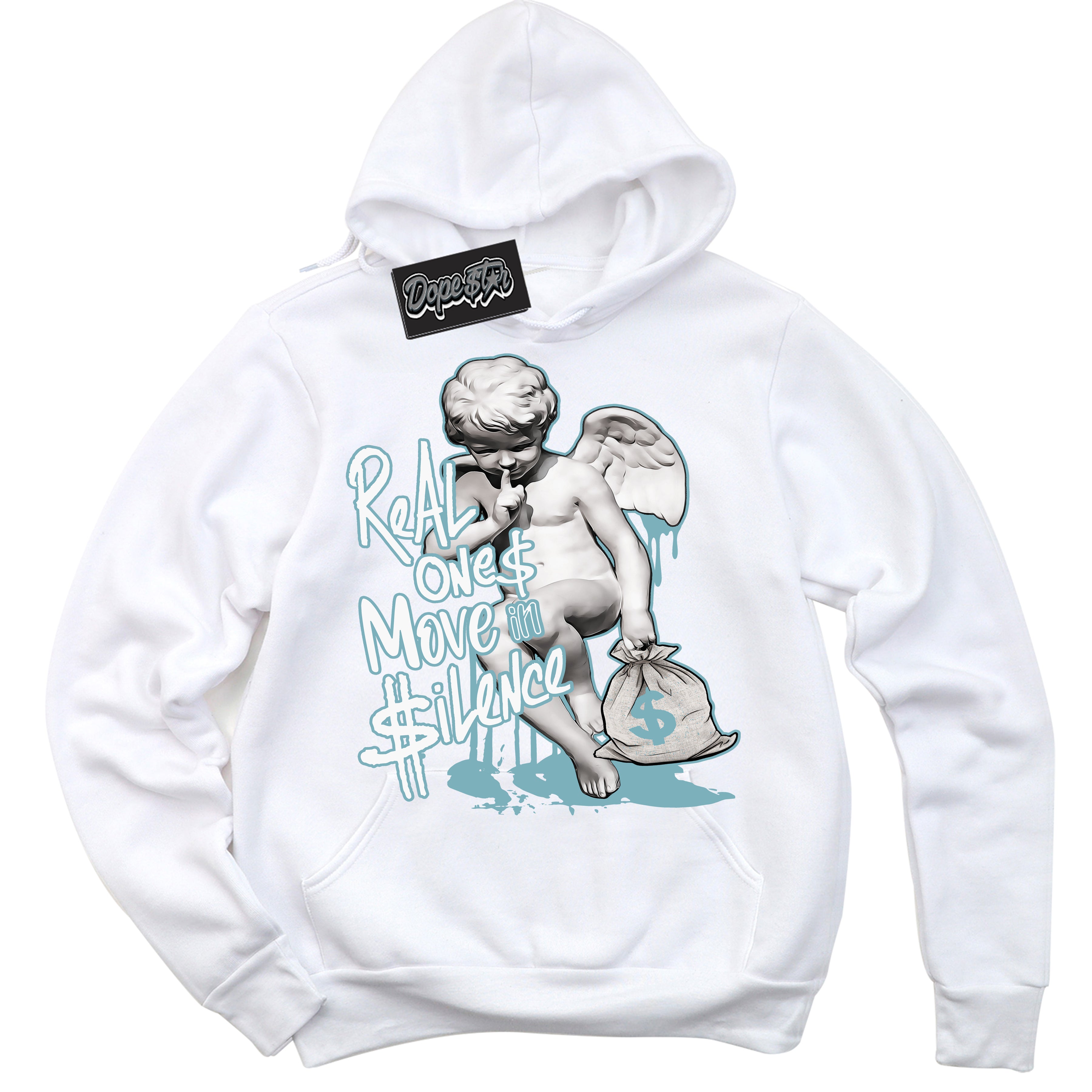 Cool White Hoodie with “Real Ones Cherub” design that Perfectly Matches Denim Turquoise Dunk.