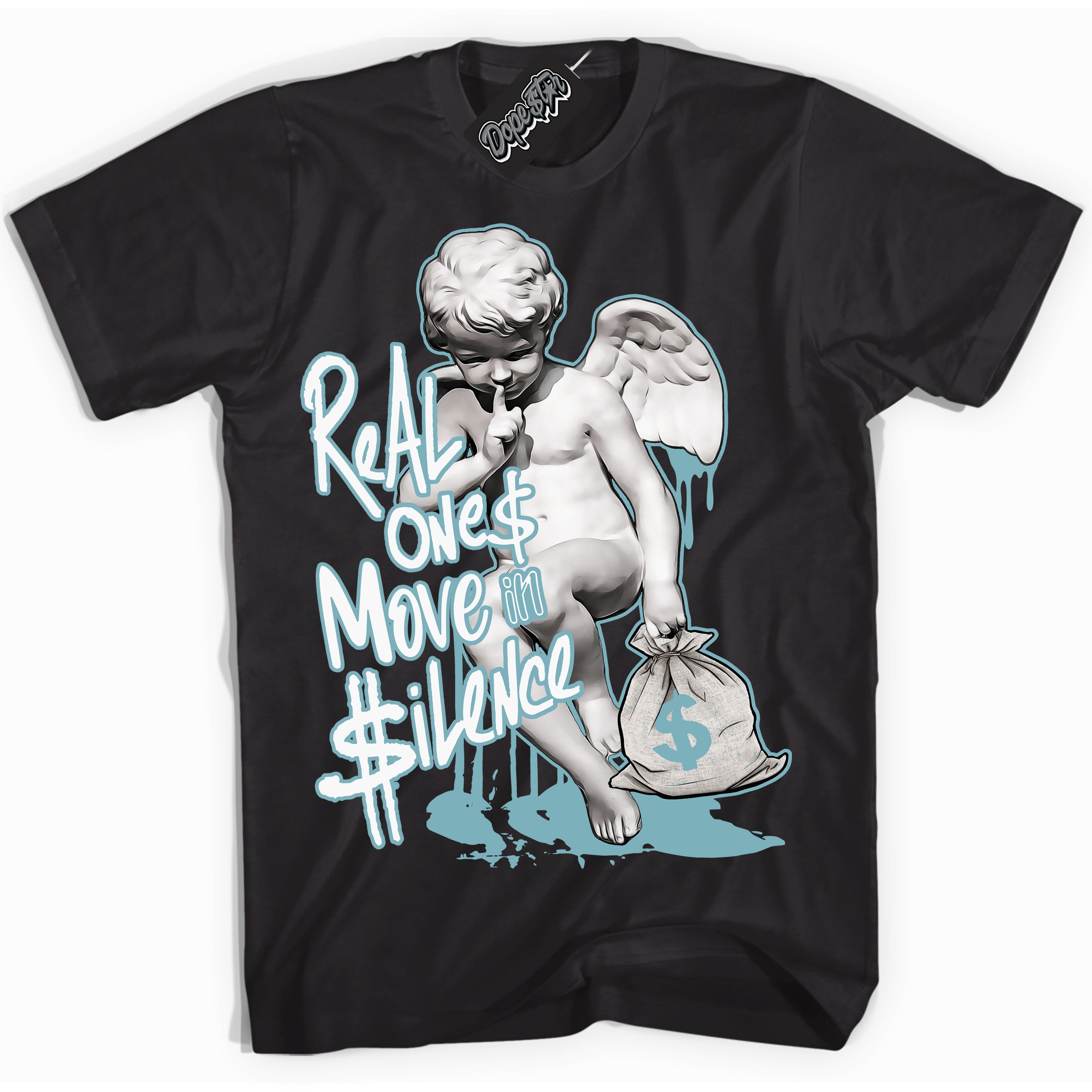 Cool Black Shirt with “Real Ones Cherub” design that perfectly matches Denim Turquoise Dunk.