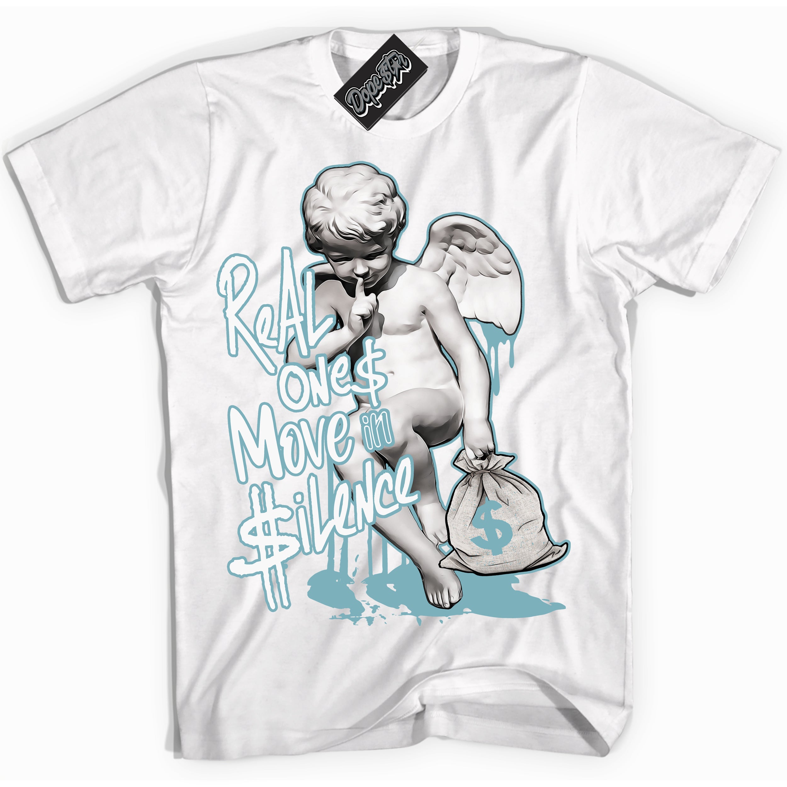 Cool White Shirt with “Real Ones Cherub” design that perfectly matches Denim Turquoise Dunk.