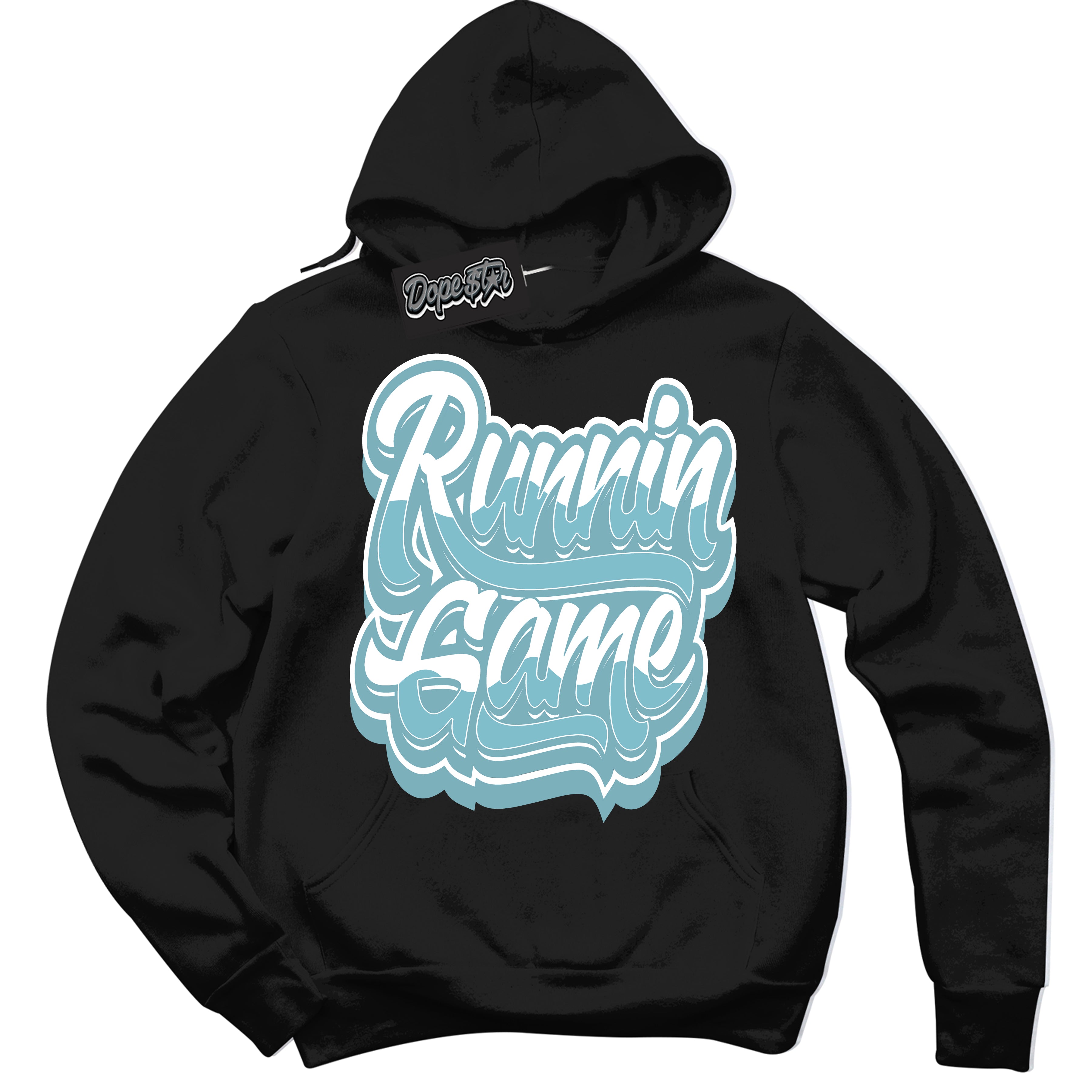 Cool Black Hoodie with “Running Game” design that Perfectly Matches Denim Turquoise Dunk.