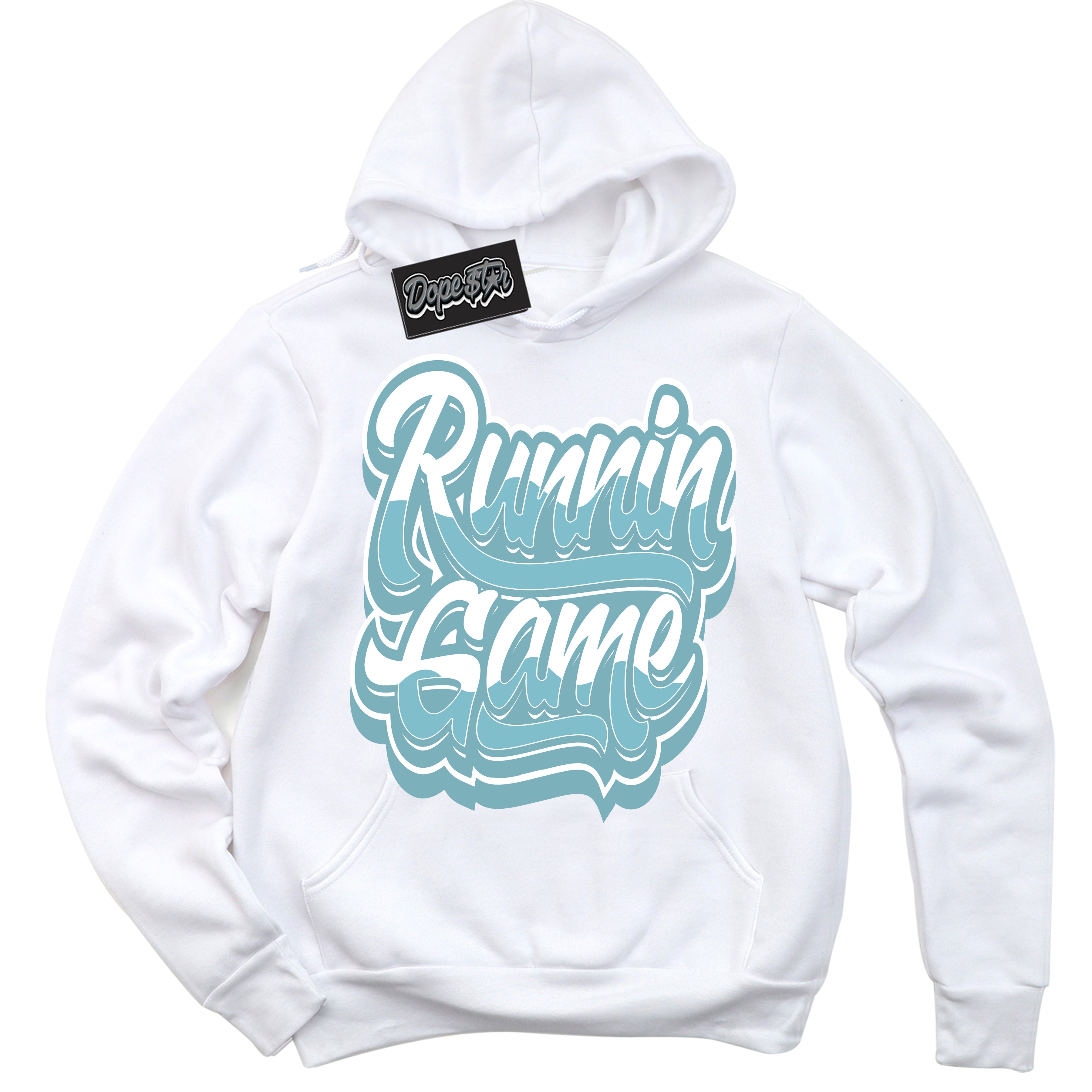 Cool White Hoodie with “Running Game” design that Perfectly Matches Denim Turquoise Dunk.