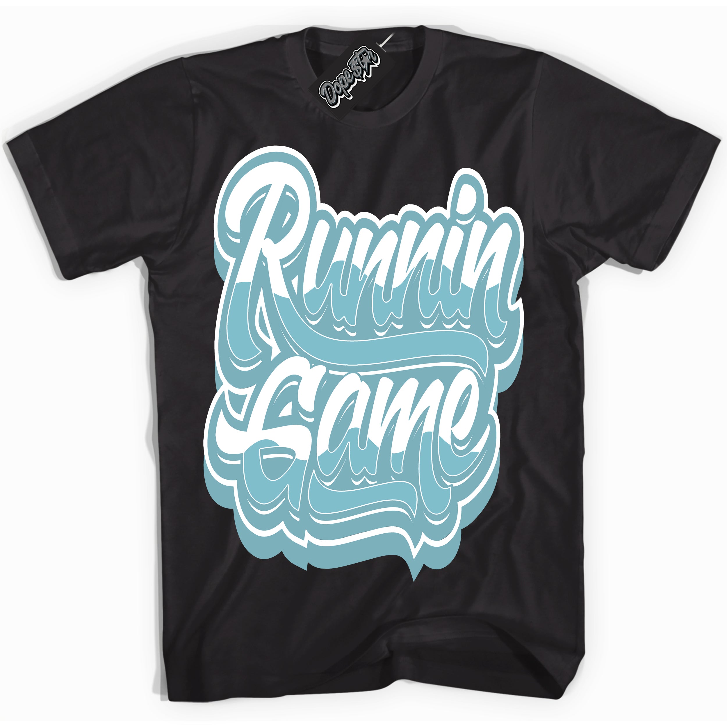 Cool Black Shirt with “Running Game” design that perfectly matches Denim Turquoise Dunk.